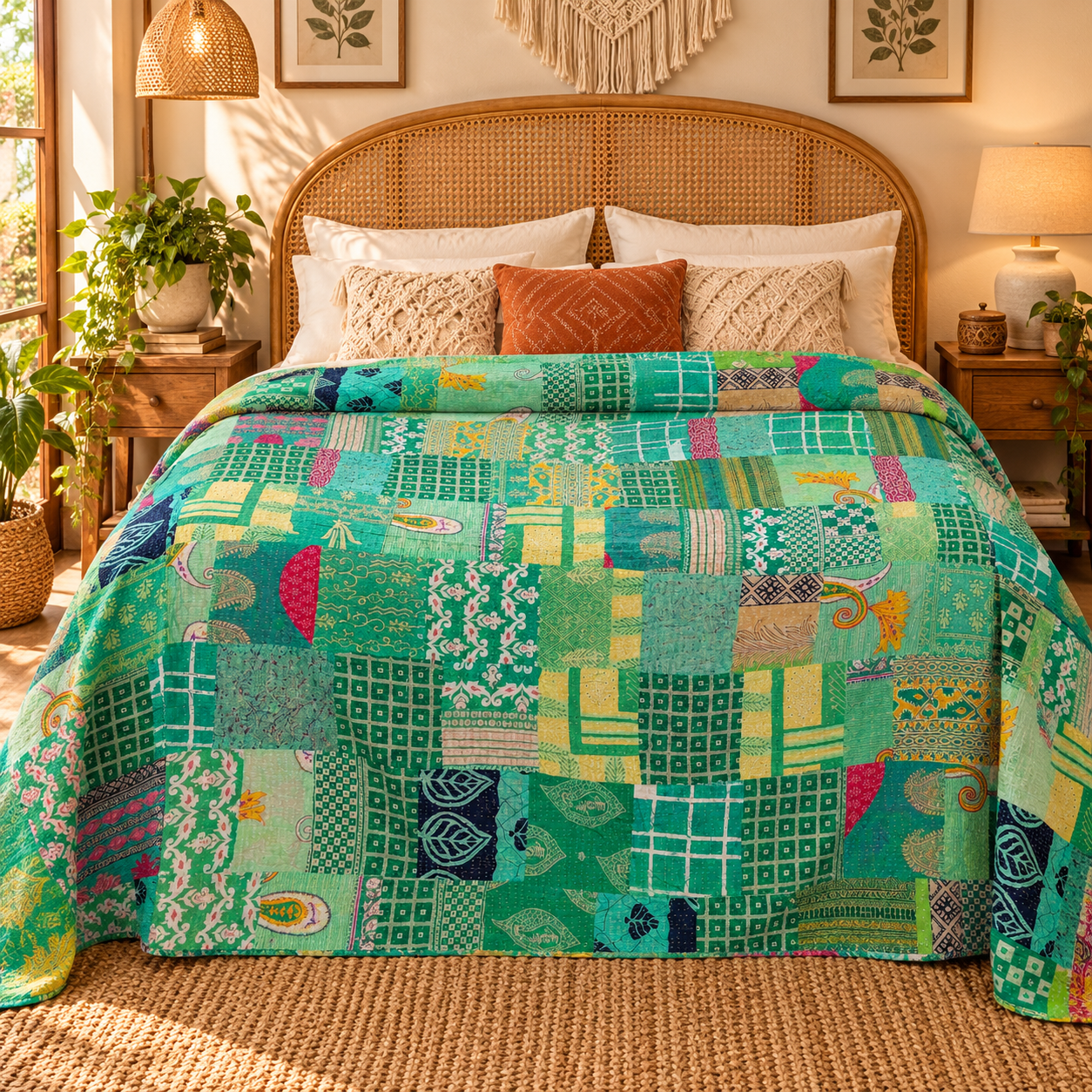 Assorted Green Patchwork Kantha Quilt 60x90 – Handmade Cotton Bedspread - Image 2
