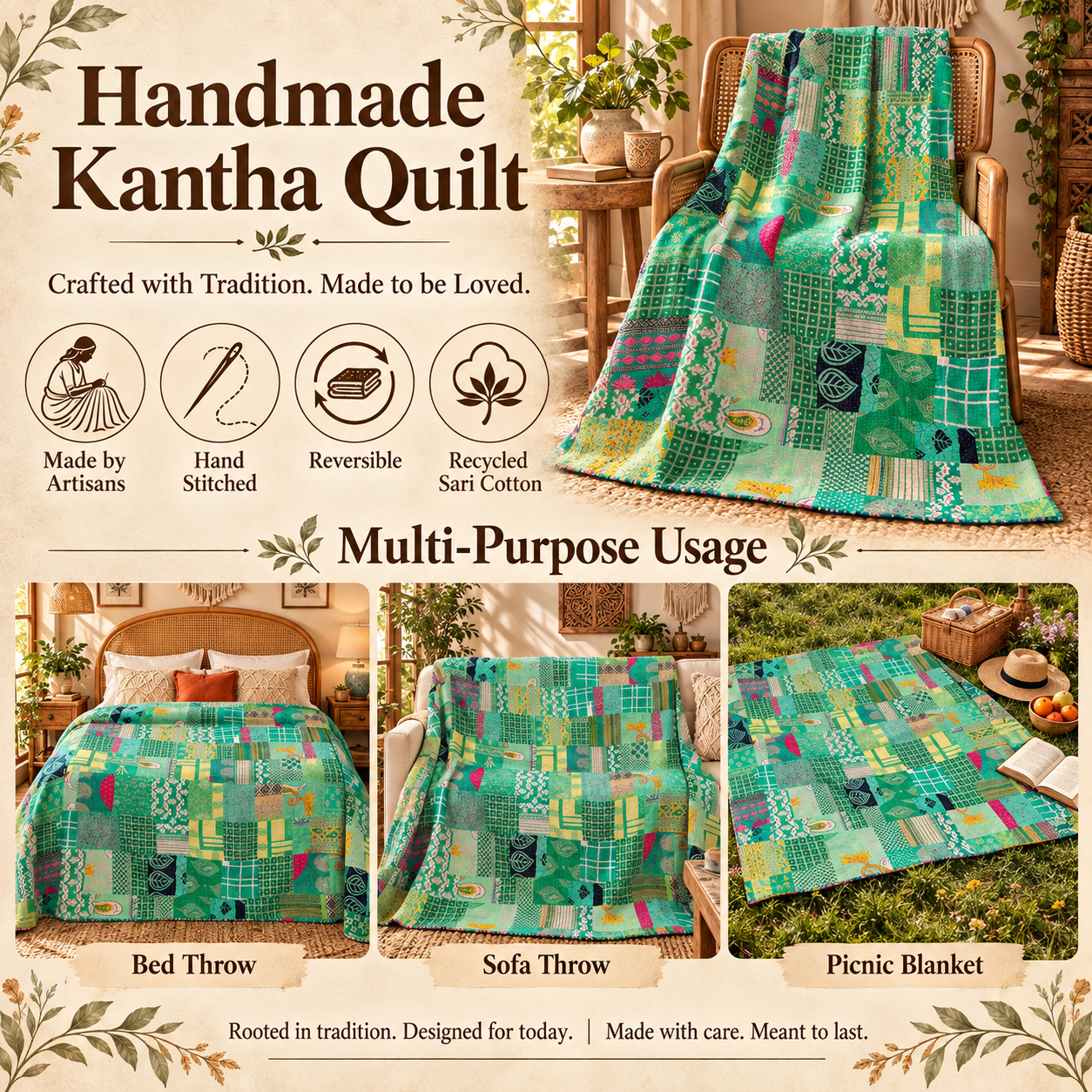 Assorted Green Patchwork Kantha Quilt 60x90 – Handmade Cotton Bedspread - Image 4