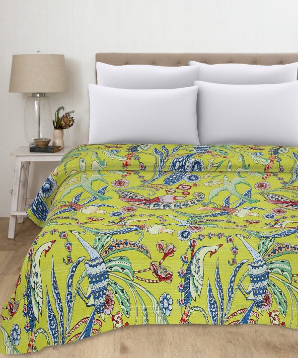 Yellow and Blue Peacock Floral Handmade Cotton Kantha Quilt – Single 60×90 inches