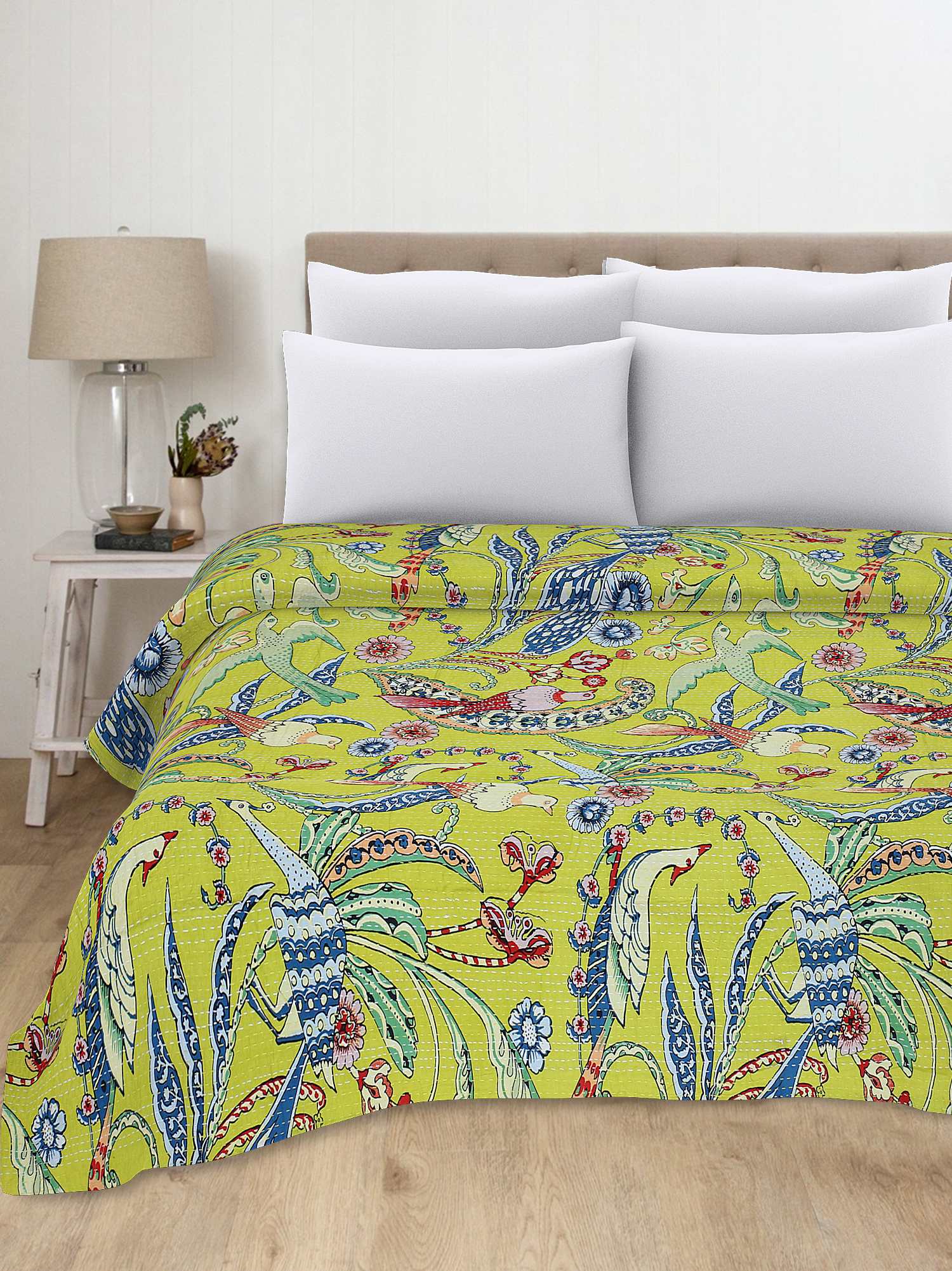 Yellow and Blue Peacock Floral Handmade Cotton Kantha Quilt – Single 60×90 inches