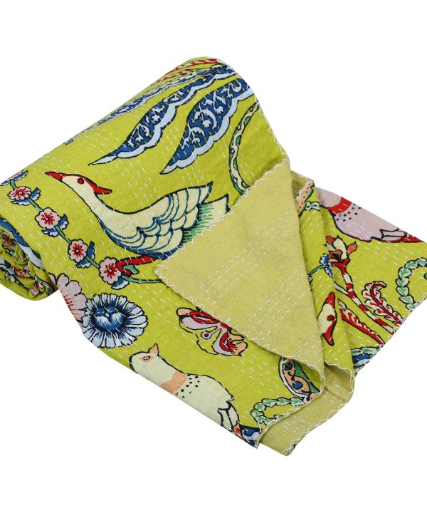 Alternative view of Yellow and Blue Peacock Floral Handmade Cotton Kantha Quilt – Single 60×90 inches