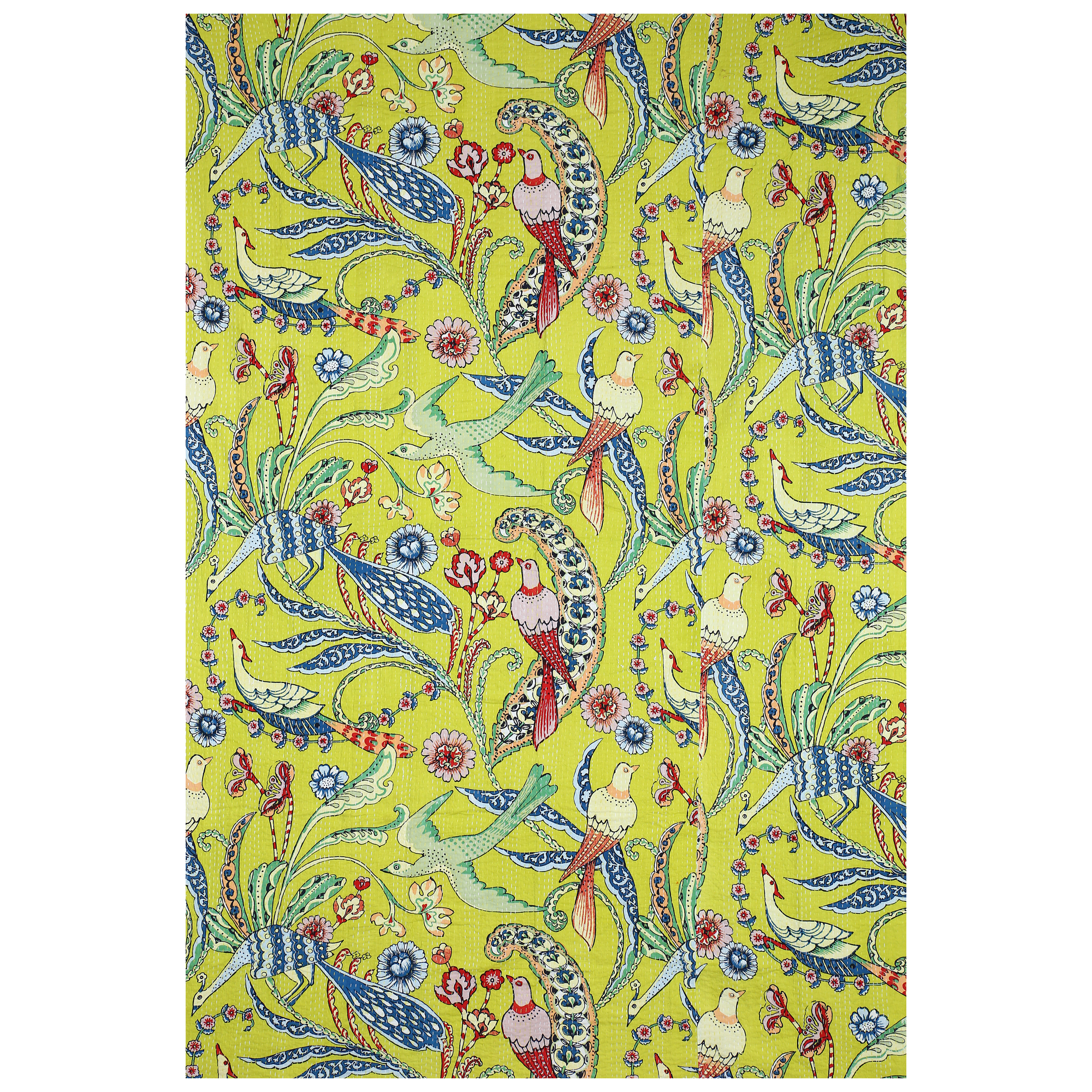 Yellow and Blue Peacock Floral Handmade Cotton Kantha Quilt – Single 60×90 inches - Image 3