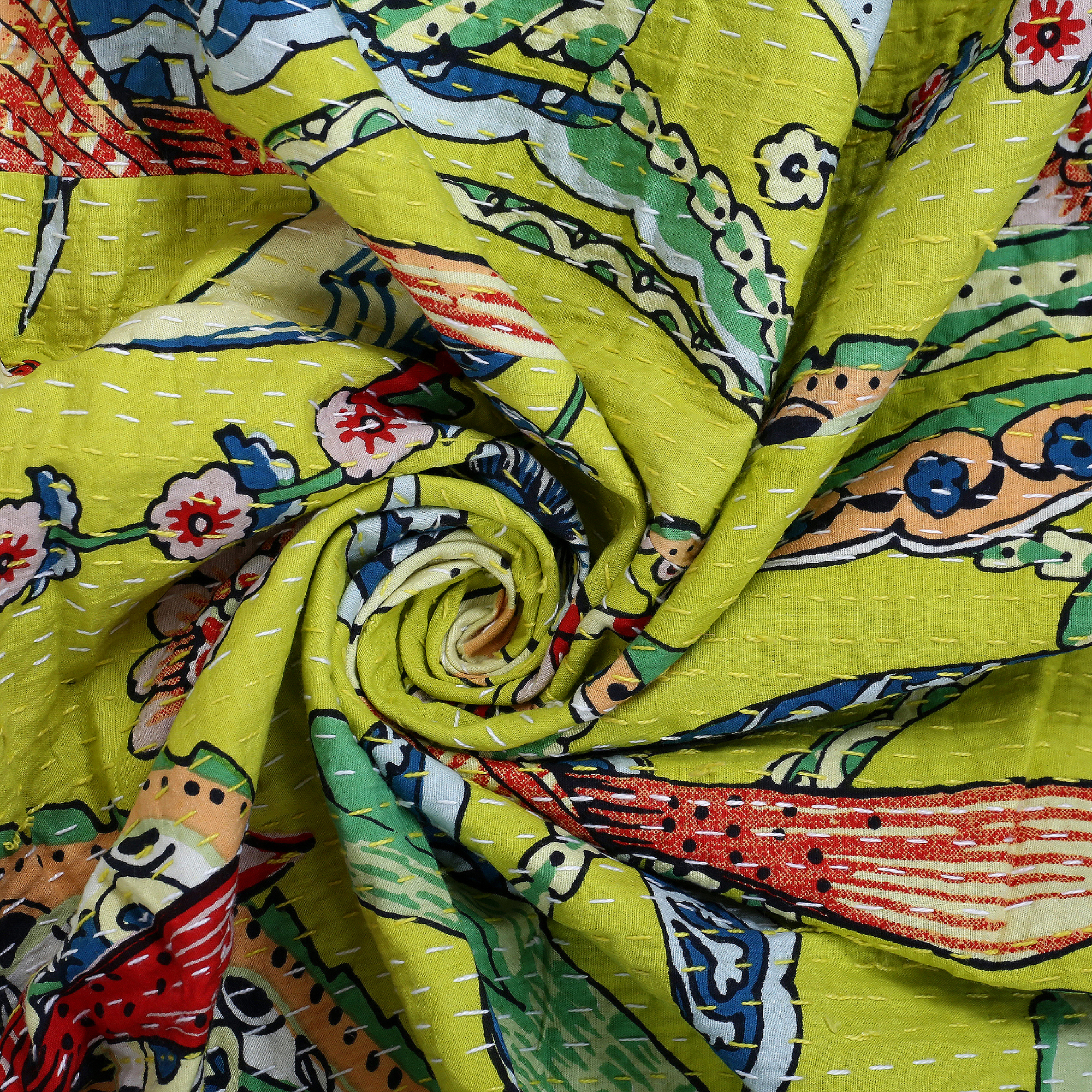 Yellow and Blue Peacock Floral Handmade Cotton Kantha Quilt – Single 60×90 inches - Image 4