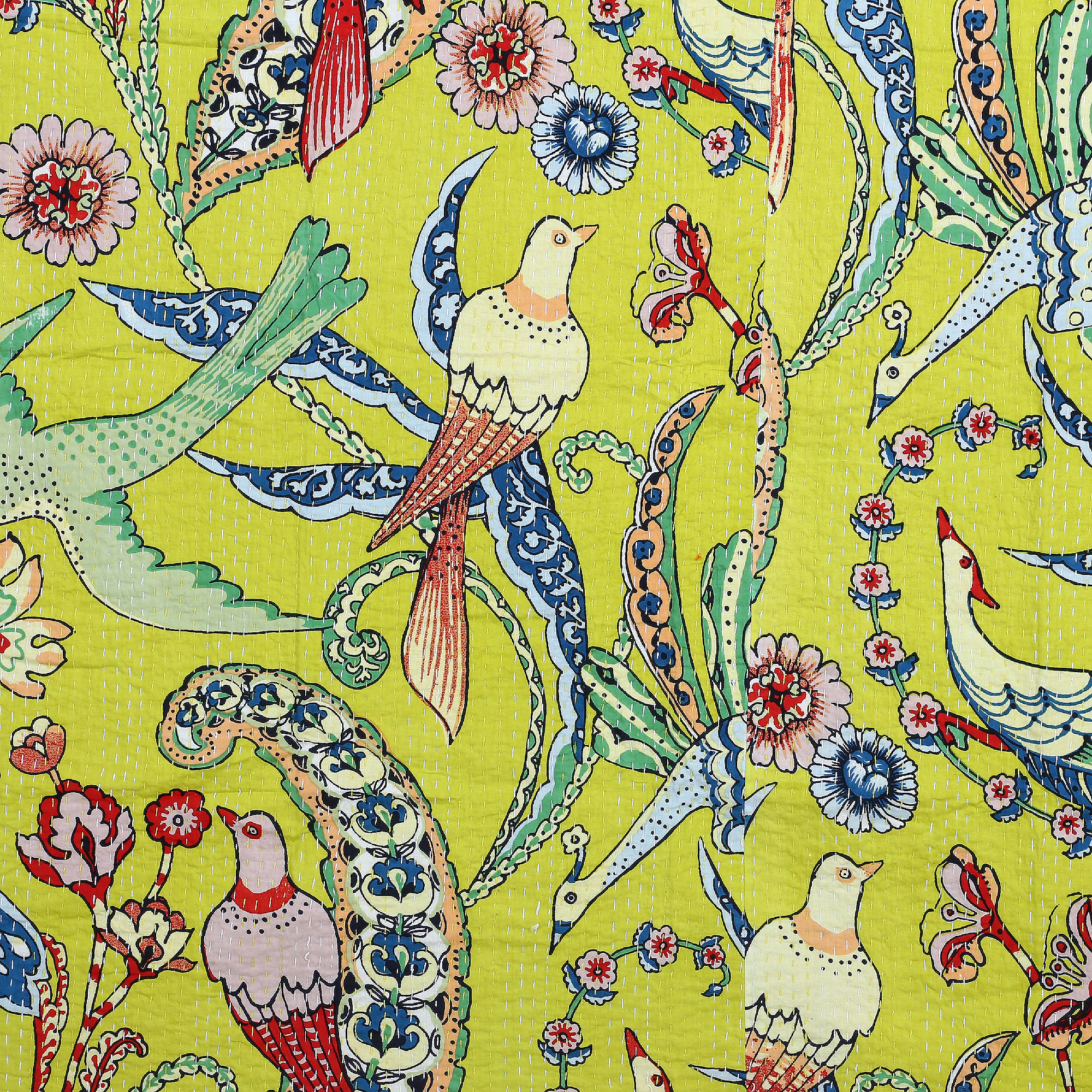 Yellow and Blue Peacock Floral Handmade Cotton Kantha Quilt – Single 60×90 inches - Image 5