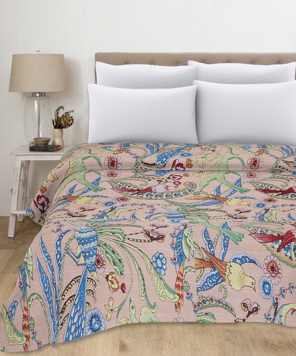 Blush Pink and Blue Peacock Floral Handmade Cotton Kantha Quilt – Single 60×90 inches