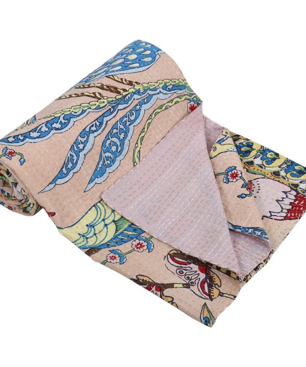 Alternative view of Blush Pink and Blue Peacock Floral Handmade Cotton Kantha Quilt – Single 60×90 inches