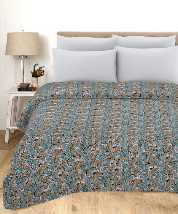 Teal Blue Paisley Floral Handmade Cotton Kantha Quilt – Double 90×108 inches