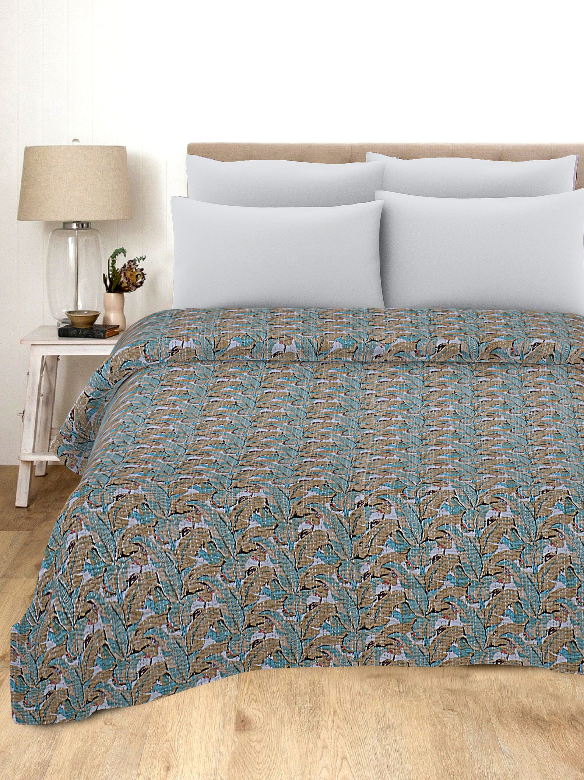 Teal Blue Paisley Floral Handmade Cotton Kantha Quilt – Double 90×108 inches