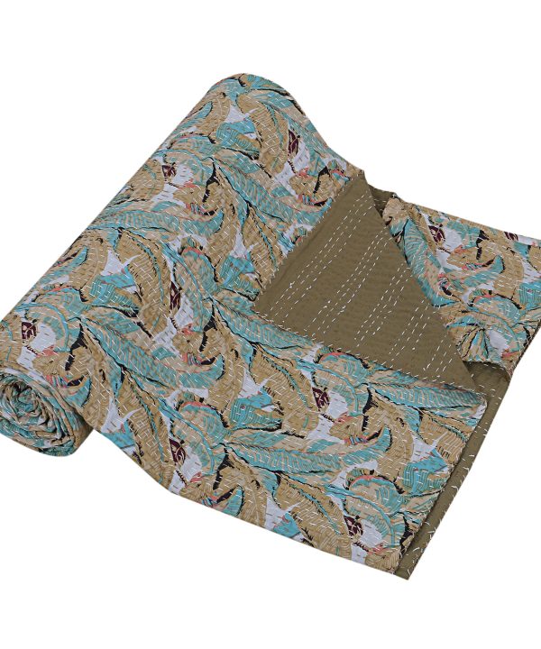 Alternative view of Teal Blue Paisley Floral Handmade Cotton Kantha Quilt – Double 90×108 inches