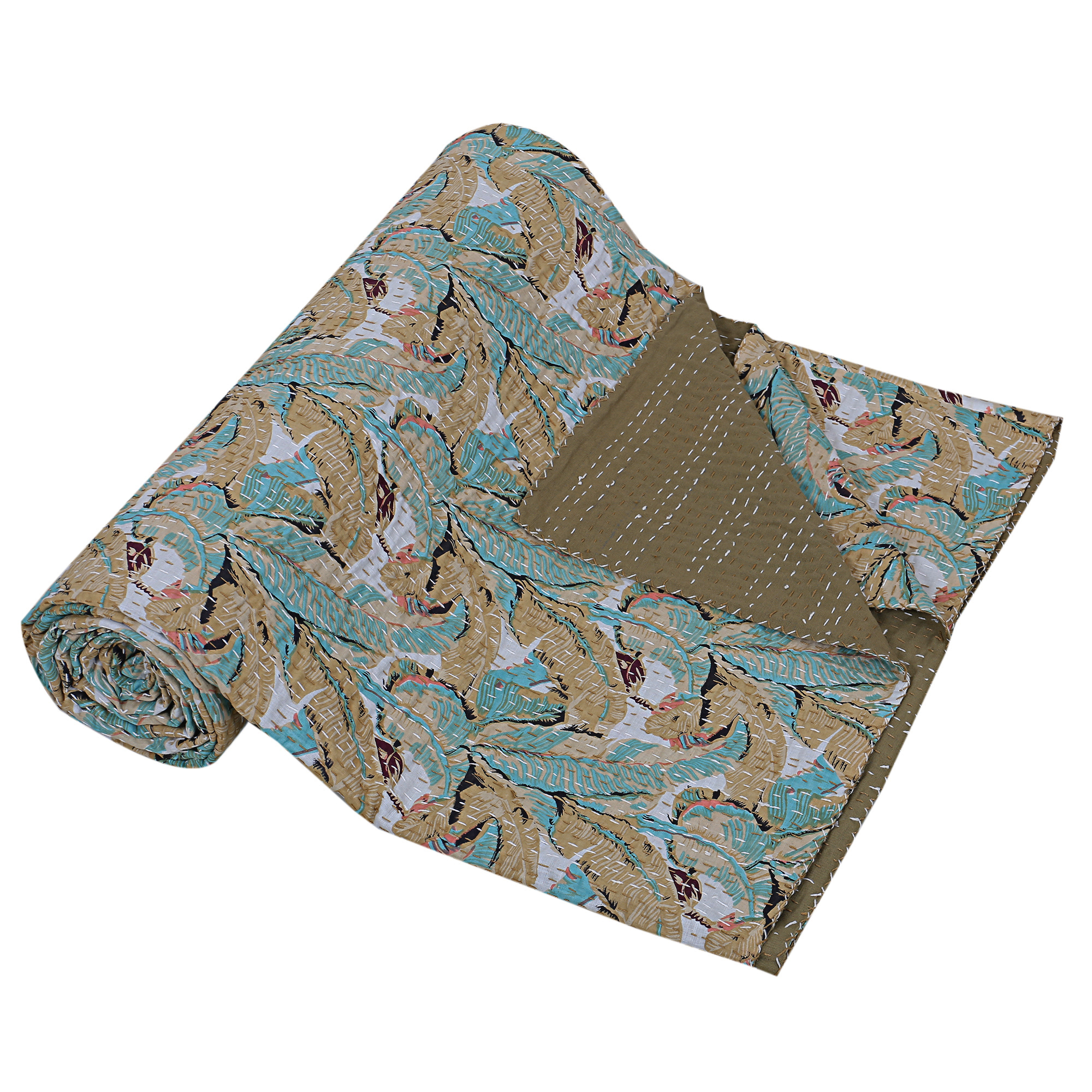 Teal Blue Paisley Floral Handmade Cotton Kantha Quilt – Double 90×108 inches - Image 2