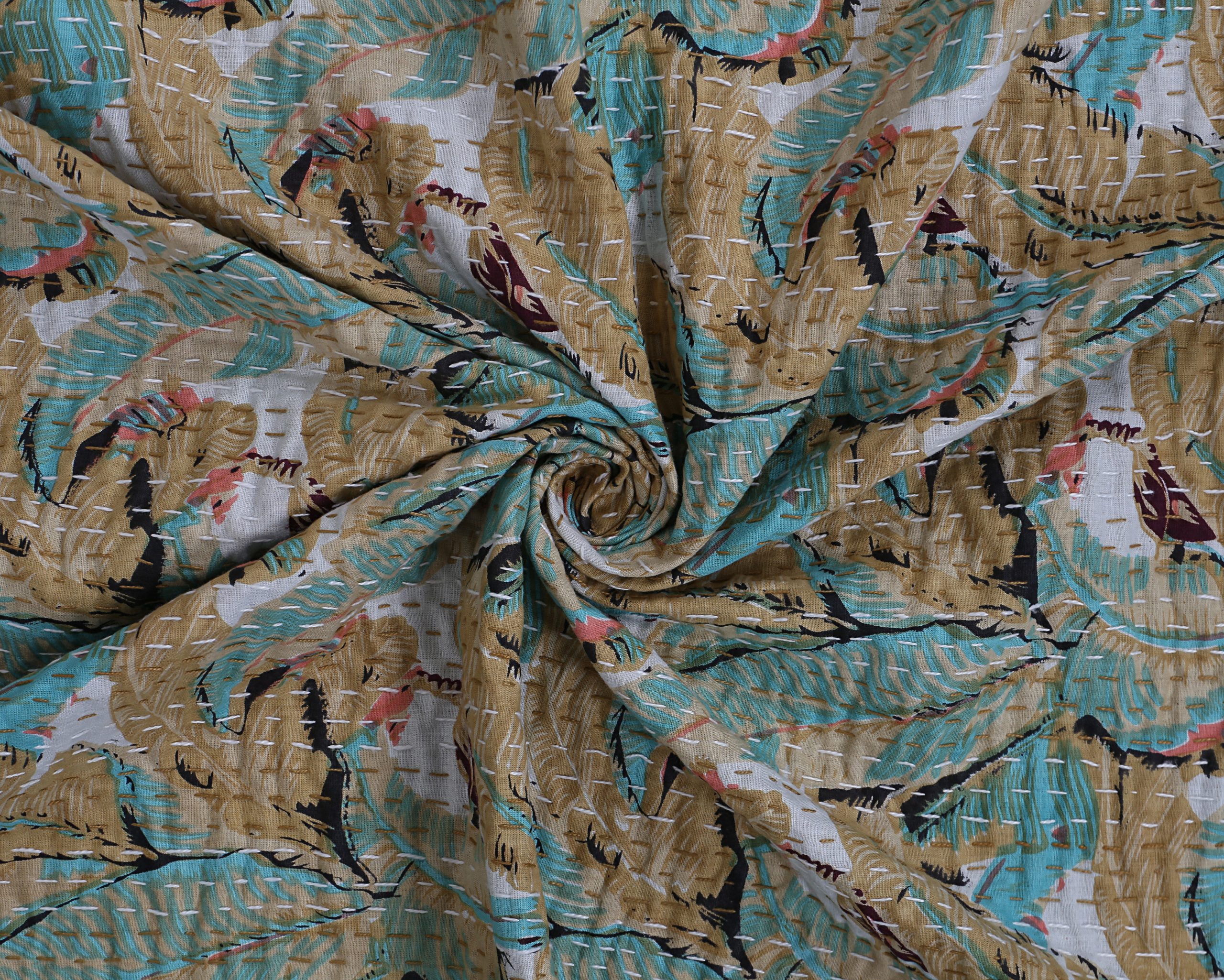 Teal Blue Paisley Floral Handmade Cotton Kantha Quilt – Double 90×108 inches - Image 4