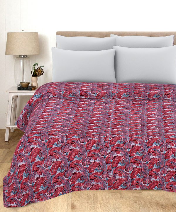 Red and Blue Floral Leaf Handmade Cotton Kantha Quilt – Double 90×108 inches