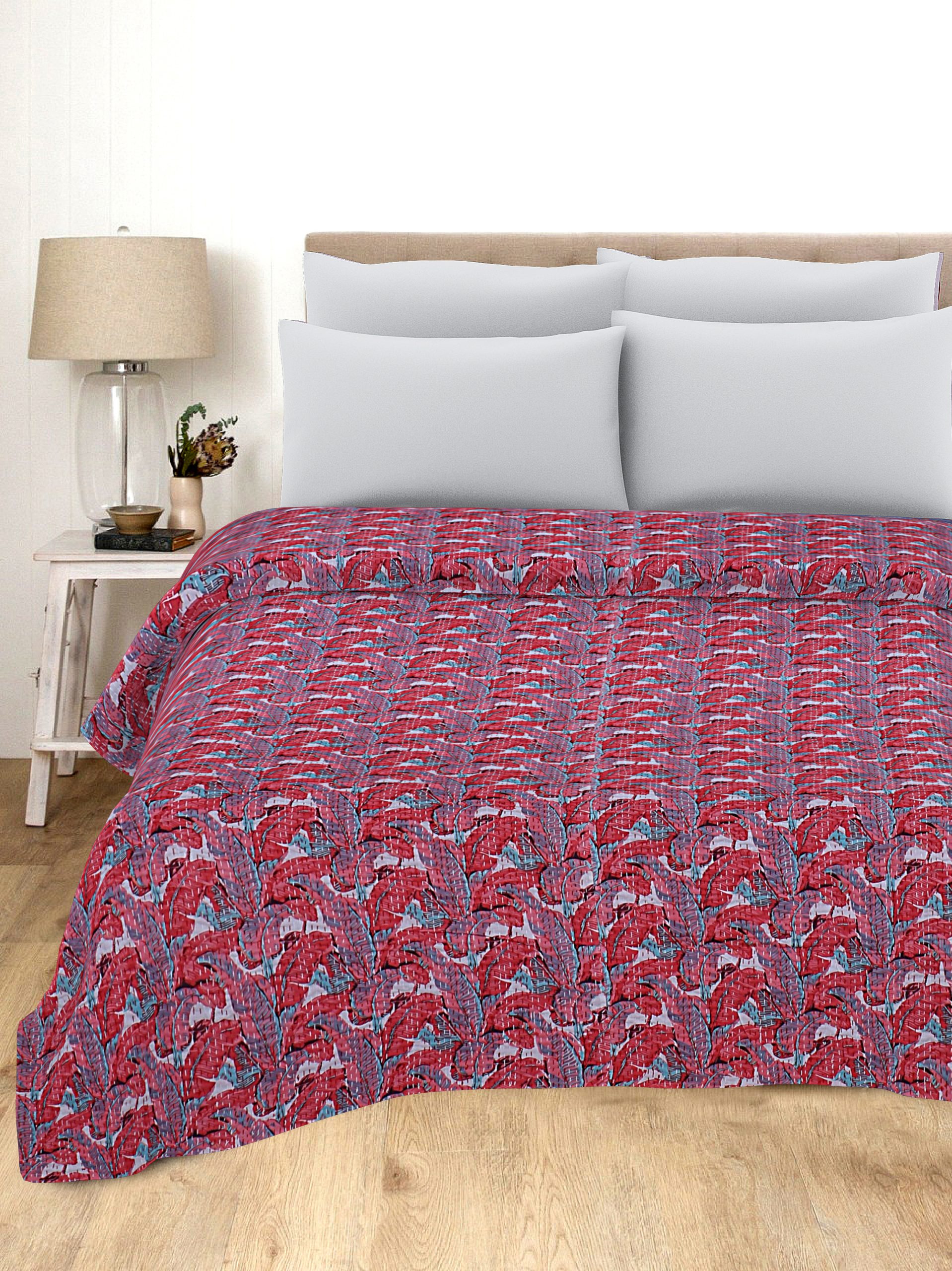 Red and Blue Floral Leaf Handmade Cotton Kantha Quilt – Double 90×108 inches
