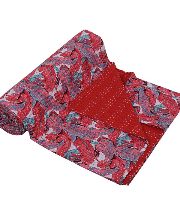 Alternative view of Red and Blue Floral Leaf Handmade Cotton Kantha Quilt – Double 90×108 inches