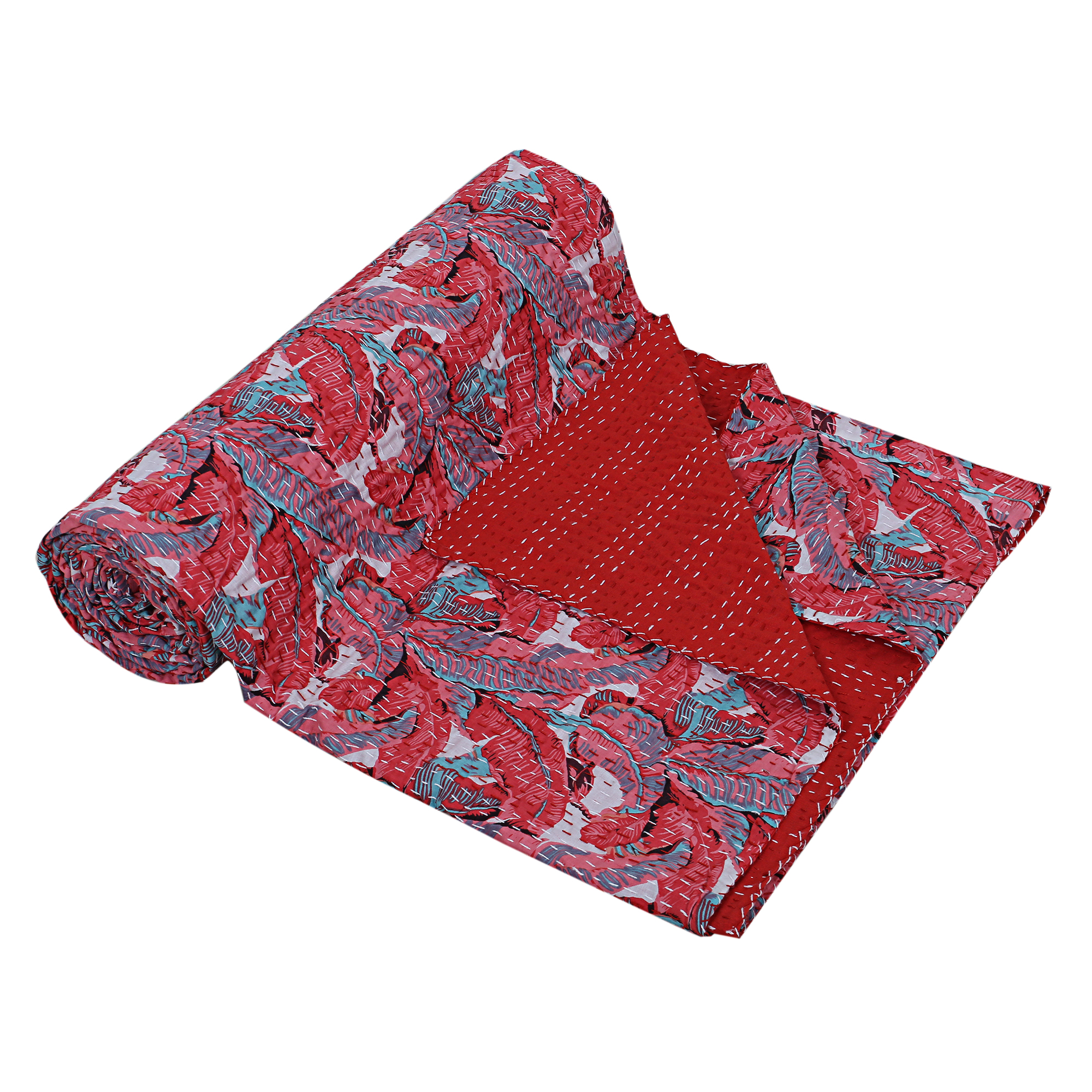 Red and Blue Floral Leaf Handmade Cotton Kantha Quilt – Double 90×108 inches - Image 2