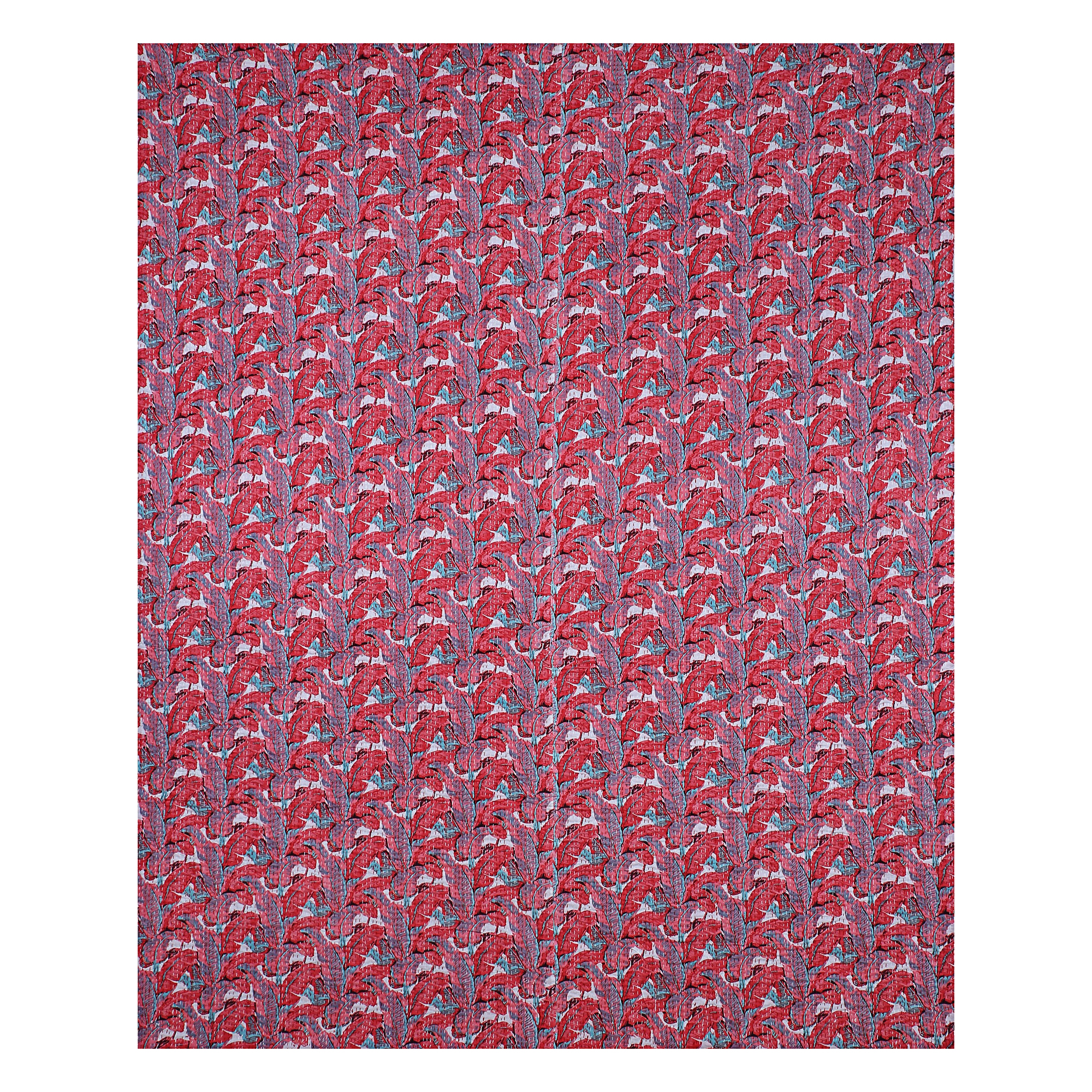Red and Blue Floral Leaf Handmade Cotton Kantha Quilt – Double 90×108 inches - Image 3