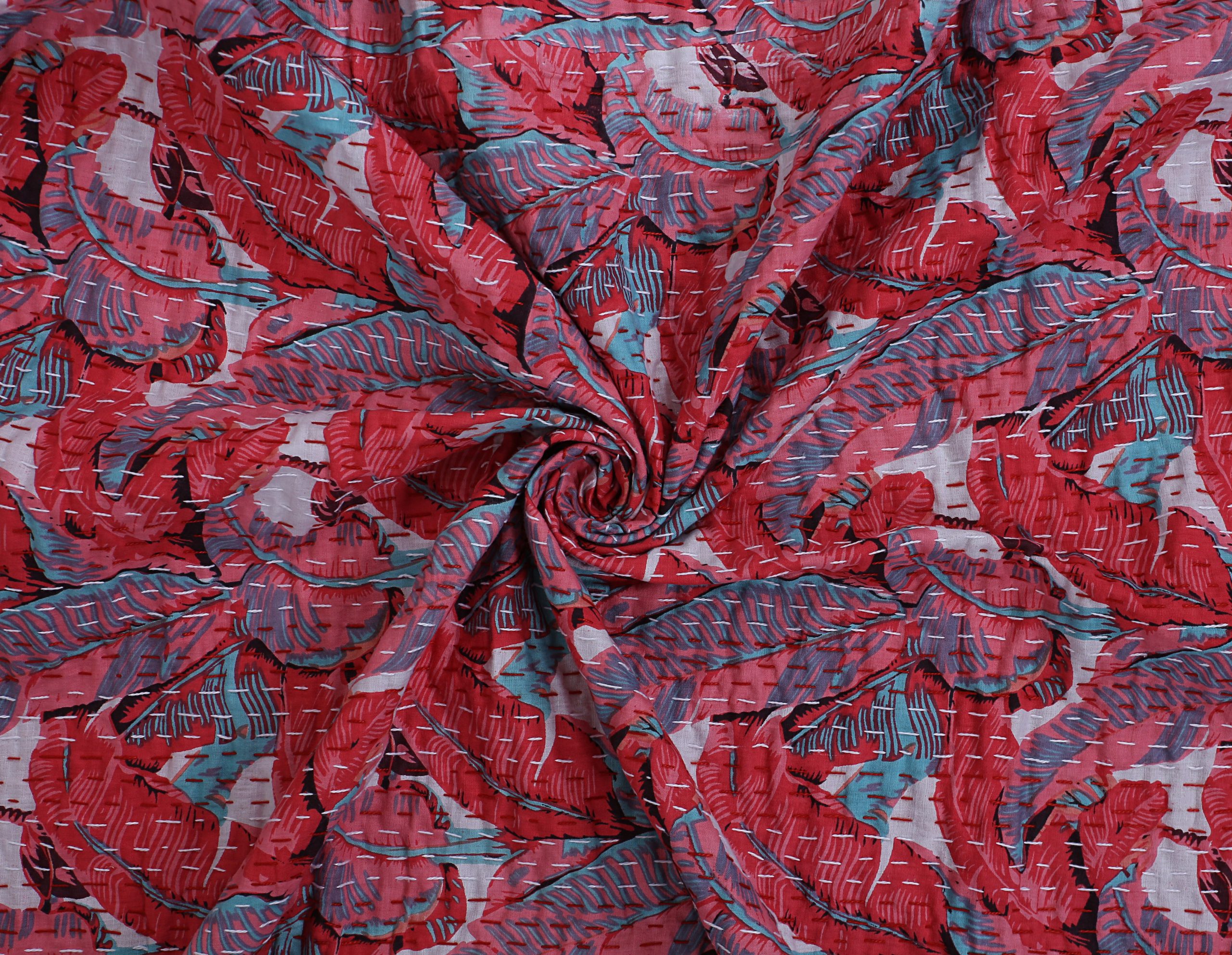 Red and Blue Floral Leaf Handmade Cotton Kantha Quilt – Double 90×108 inches - Image 4