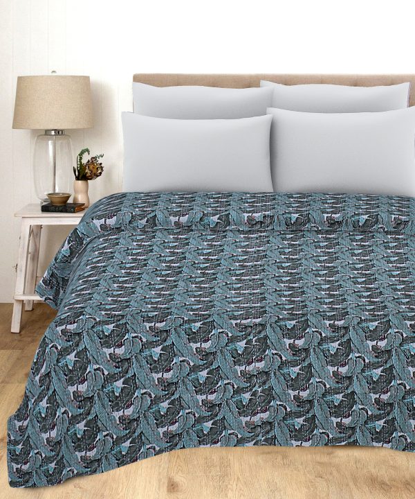 Slate Blue and Teal Peacock Handmade Cotton Kantha Quilt – Double 90×108 inches