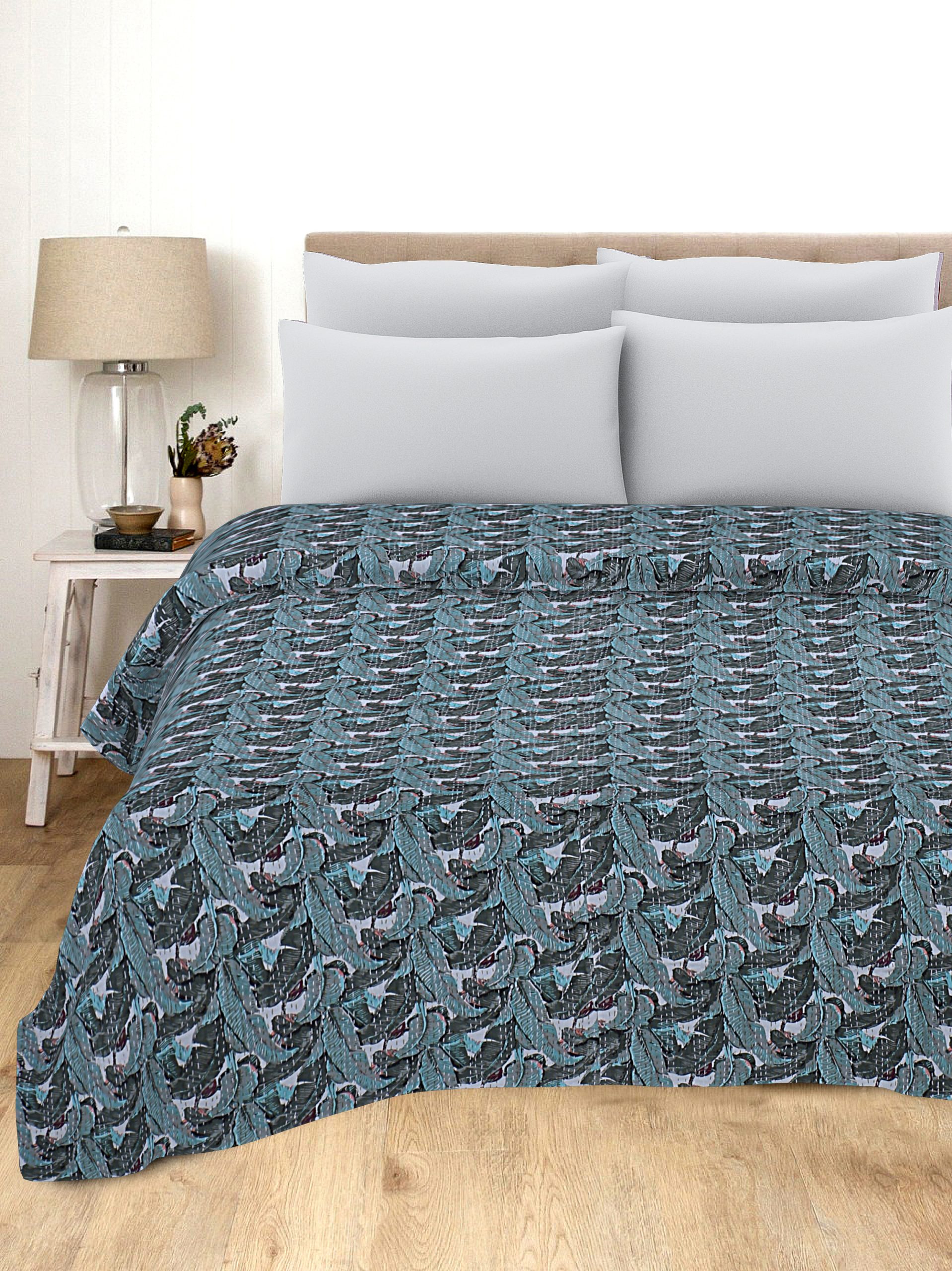 Slate Blue and Teal Peacock Handmade Cotton Kantha Quilt – Double 90×108 inches