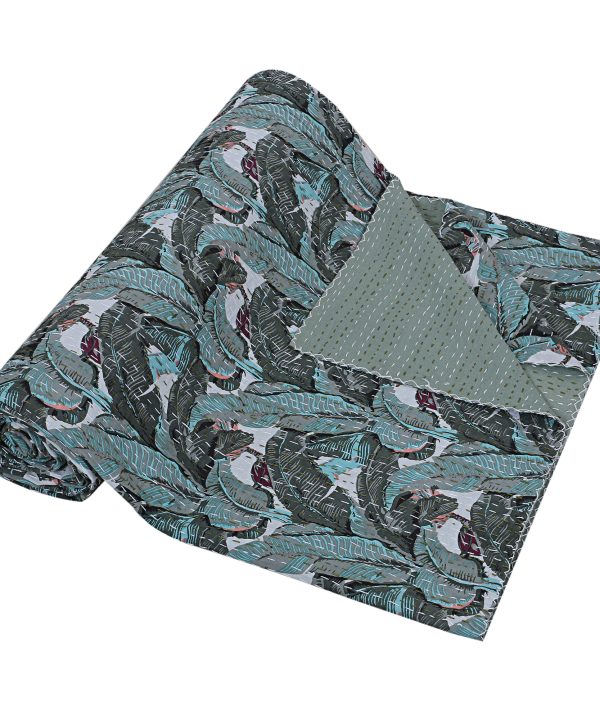 Alternative view of Slate Blue and Teal Peacock Handmade Cotton Kantha Quilt – Double 90×108 inches
