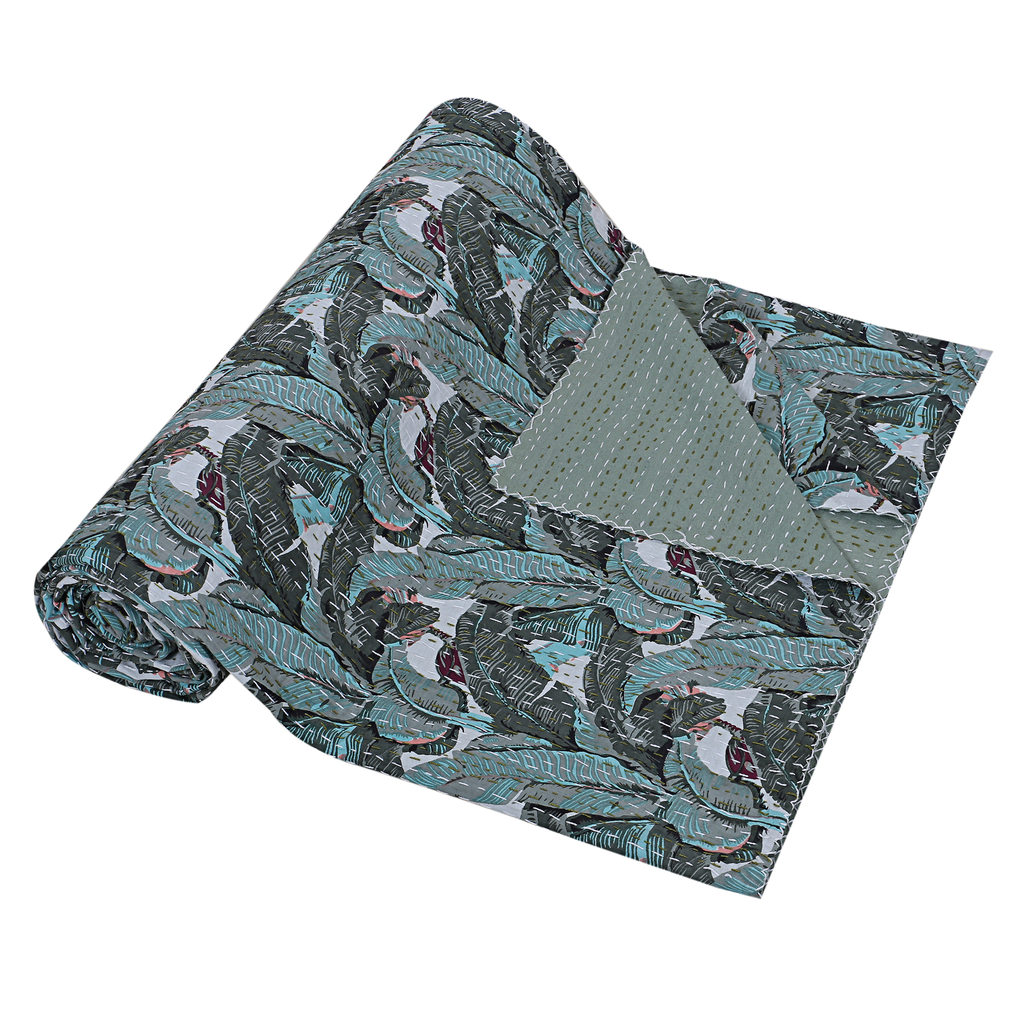 Slate Blue and Teal Peacock Handmade Cotton Kantha Quilt – Double 90×108 inches - Image 2