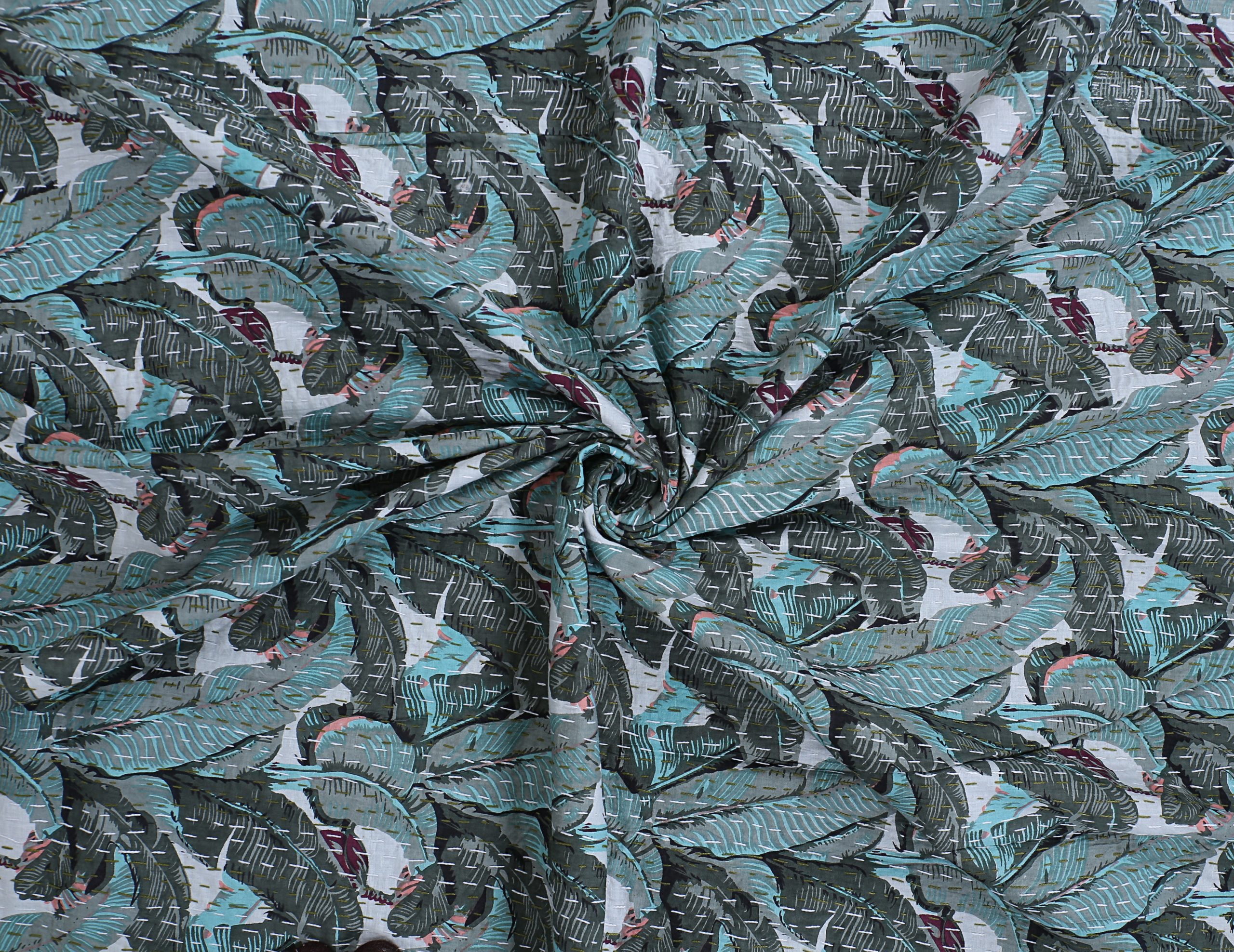 Slate Blue and Teal Peacock Handmade Cotton Kantha Quilt – Double 90×108 inches - Image 4