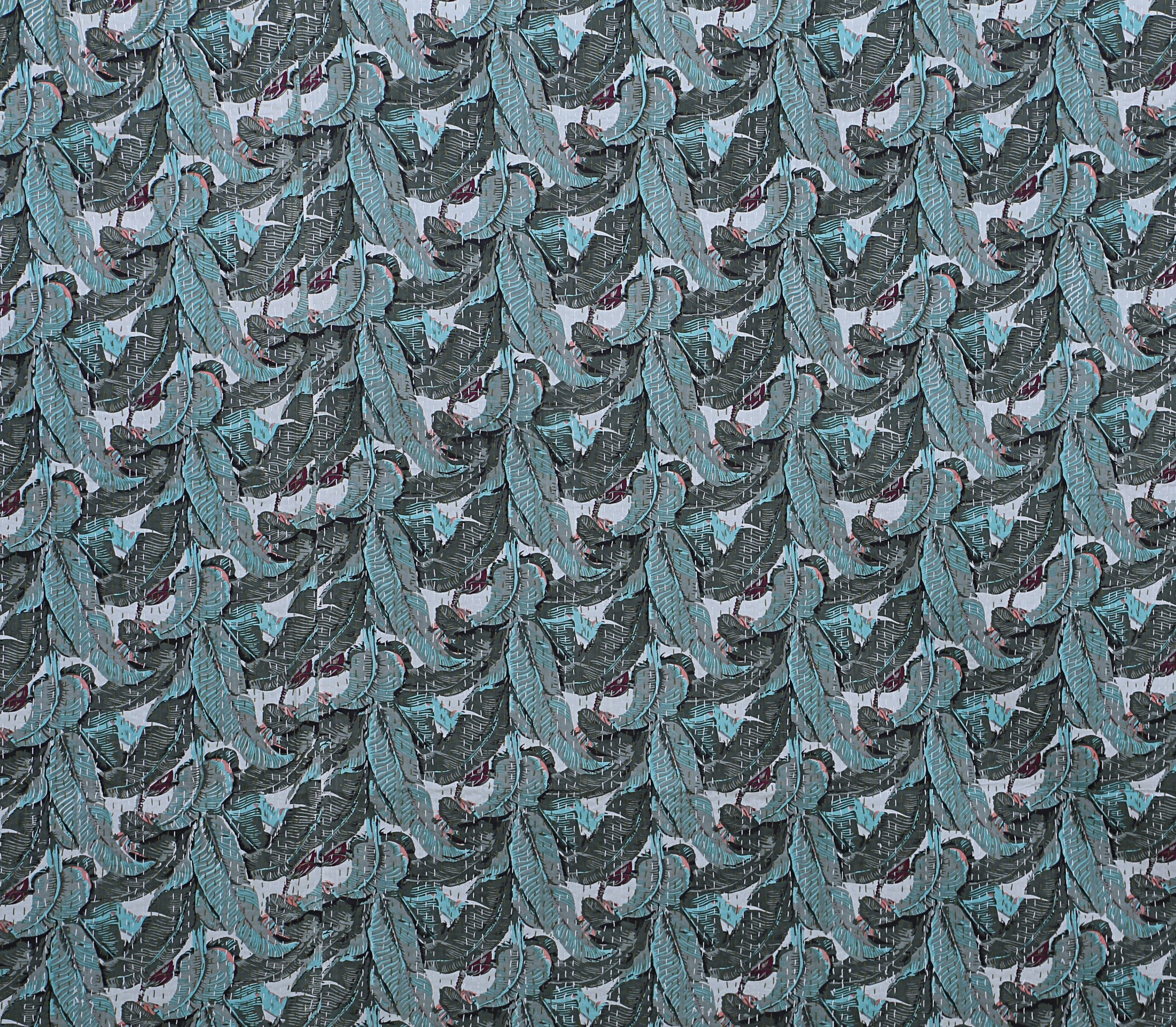 Slate Blue and Teal Peacock Handmade Cotton Kantha Quilt – Double 90×108 inches - Image 5
