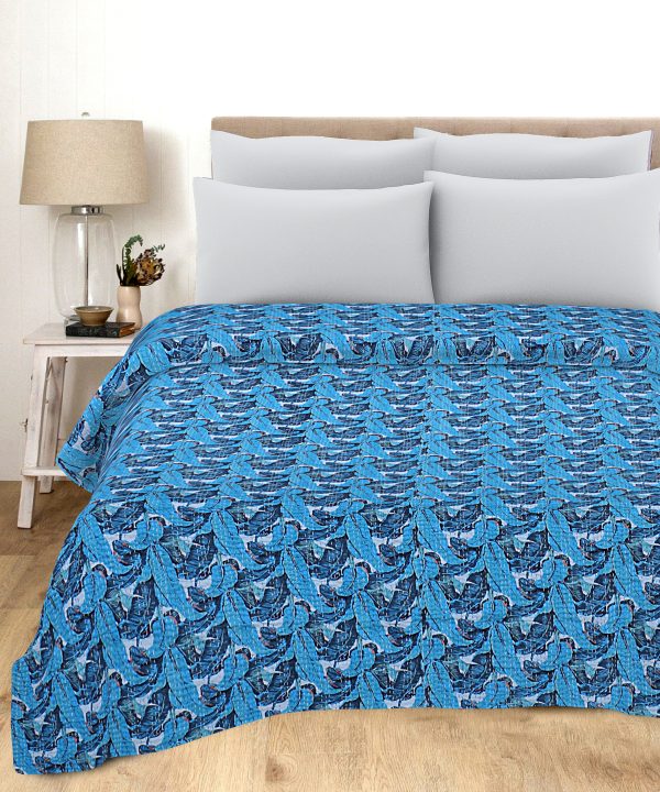 Bright Blue Peacock Floral Handmade Cotton Kantha Quilt – Double 90×108 inches