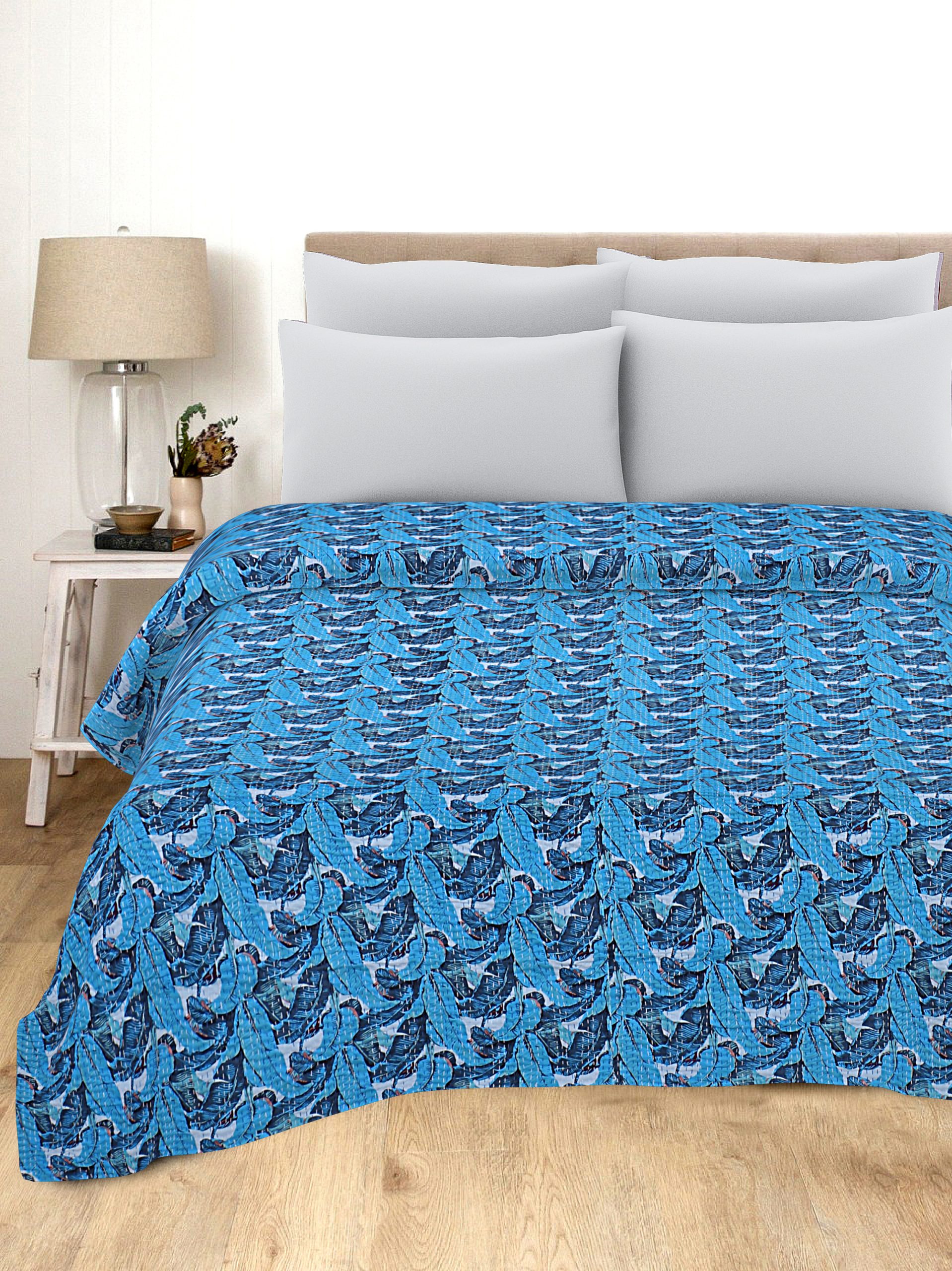 Bright Blue Peacock Floral Handmade Cotton Kantha Quilt – Double 90×108 inches