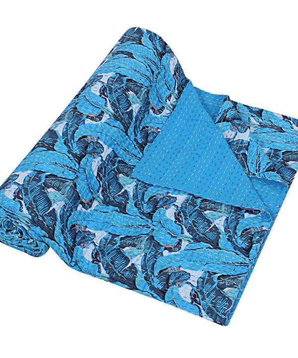 Alternative view of Bright Blue Peacock Floral Handmade Cotton Kantha Quilt – Double 90×108 inches
