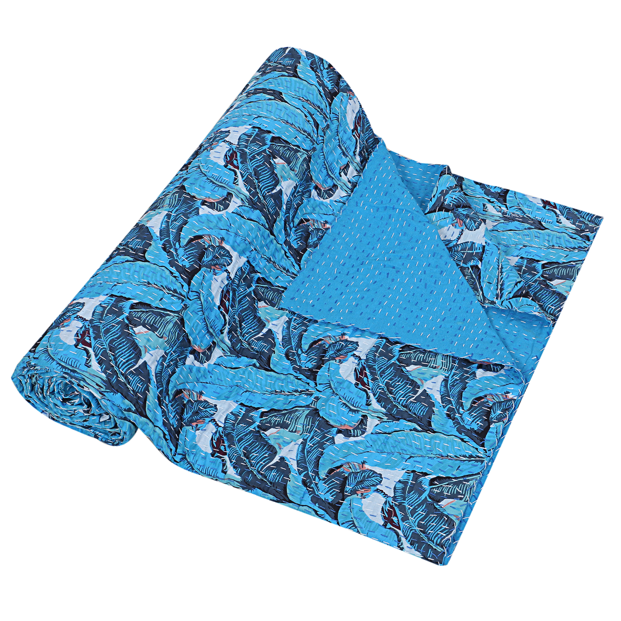 Bright Blue Peacock Floral Handmade Cotton Kantha Quilt – Double 90×108 inches - Image 2