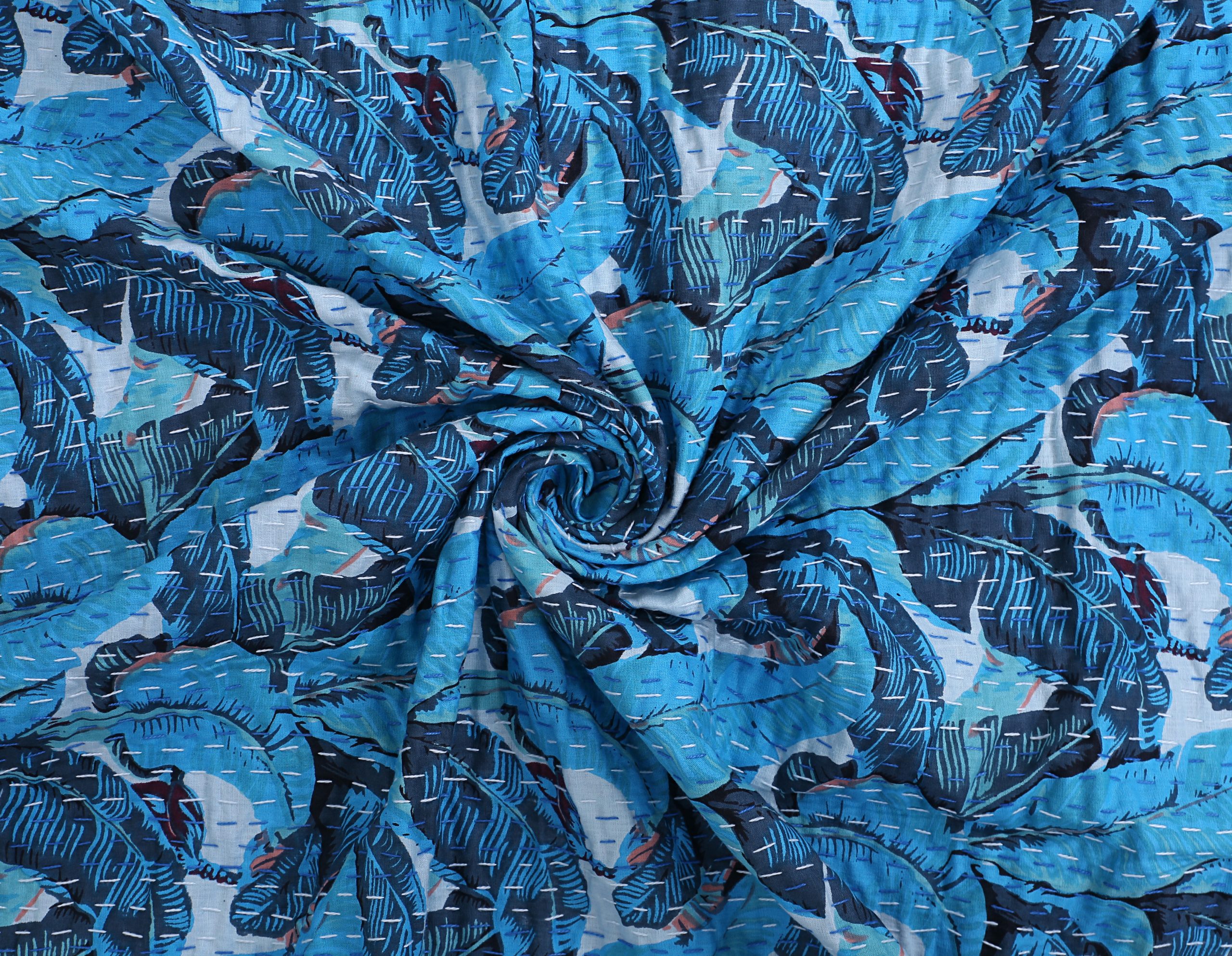 Bright Blue Peacock Floral Handmade Cotton Kantha Quilt – Double 90×108 inches - Image 4