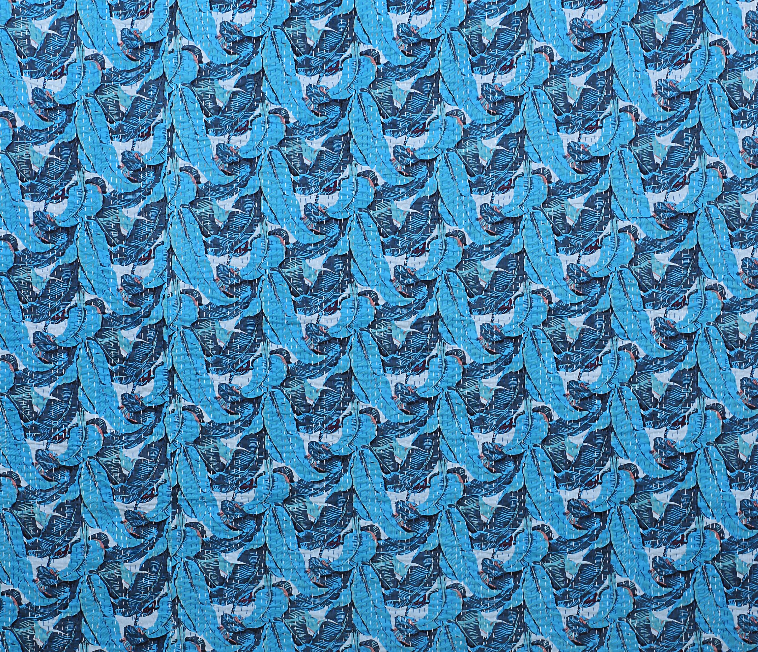 Bright Blue Peacock Floral Handmade Cotton Kantha Quilt – Double 90×108 inches - Image 5