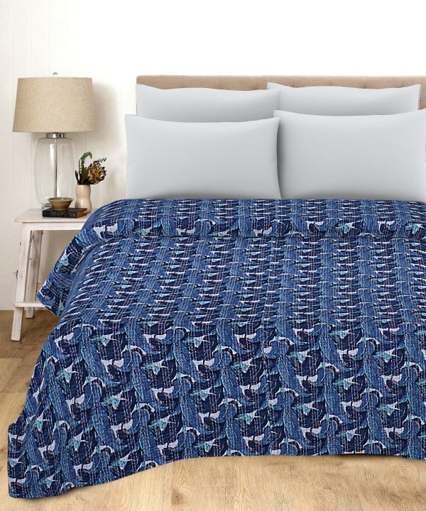 Navy Blue Peacock Floral Handmade Cotton Kantha Quilt – Double 90×108 inches