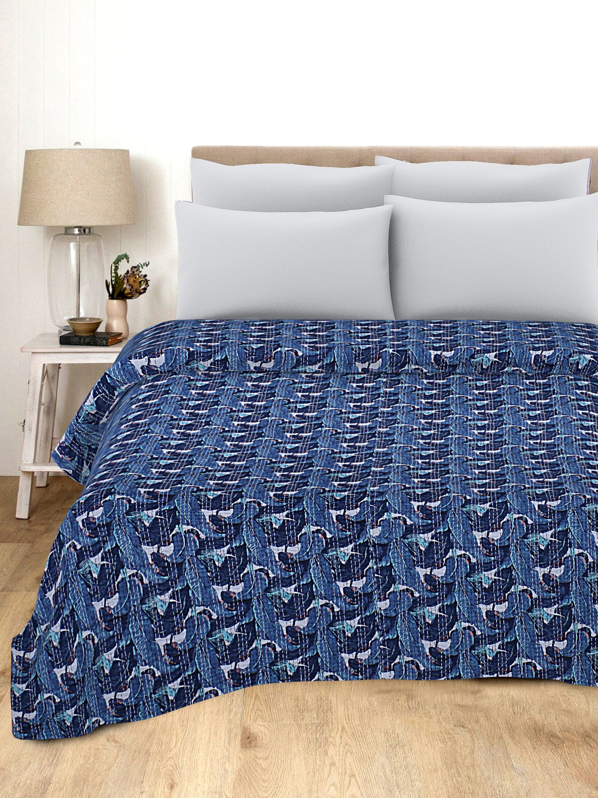 Navy Blue Peacock Floral Handmade Cotton Kantha Quilt – Double 90×108 inches