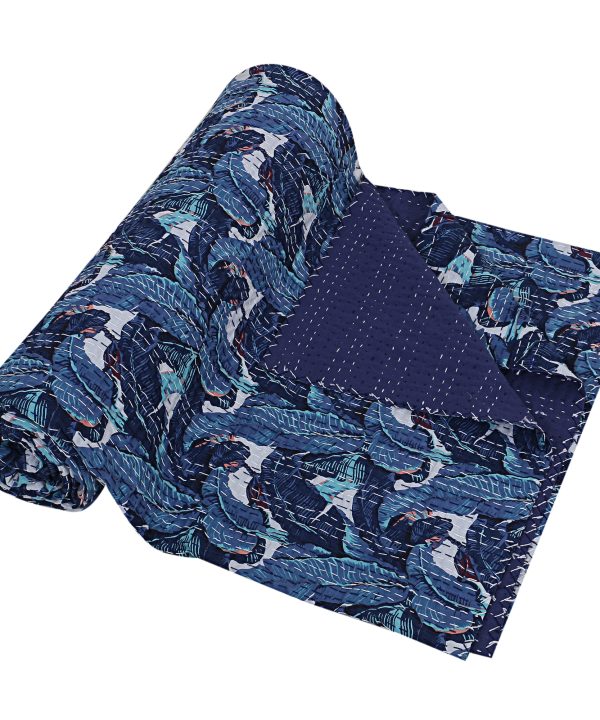 Alternative view of Navy Blue Peacock Floral Handmade Cotton Kantha Quilt – Double 90×108 inches