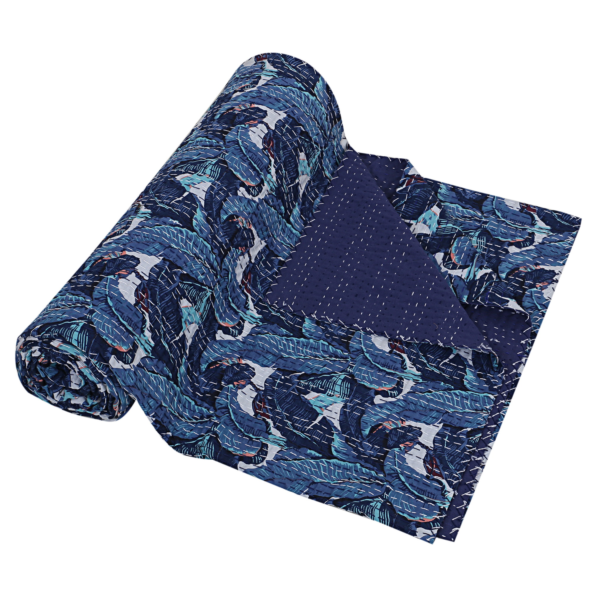 Navy Blue Peacock Floral Handmade Cotton Kantha Quilt – Double 90×108 inches - Image 2