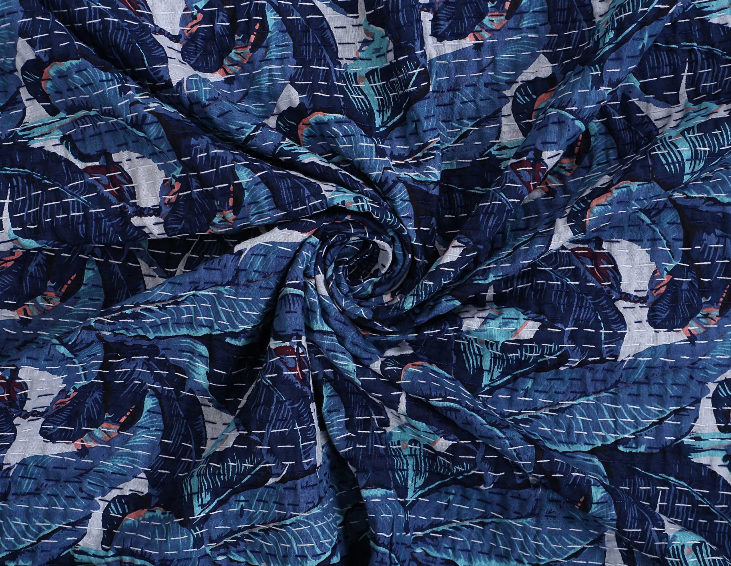 Navy Blue Peacock Floral Handmade Cotton Kantha Quilt – Double 90×108 inches - Image 4