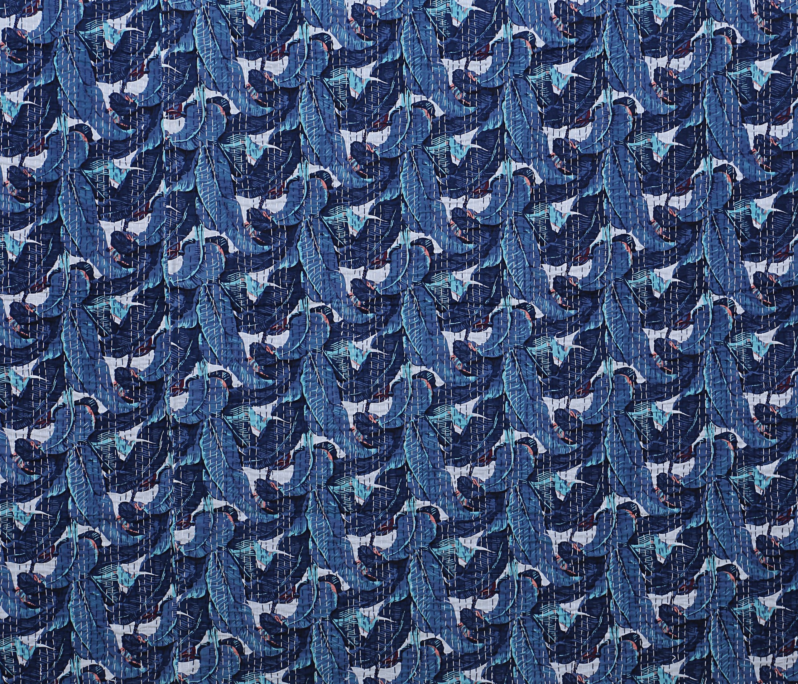 Navy Blue Peacock Floral Handmade Cotton Kantha Quilt – Double 90×108 inches - Image 5