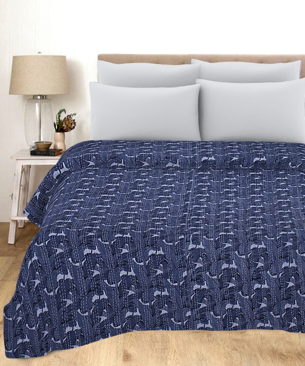 Indigo Blue Botanical Handmade Cotton Kantha Quilt – Double 90×108 inches