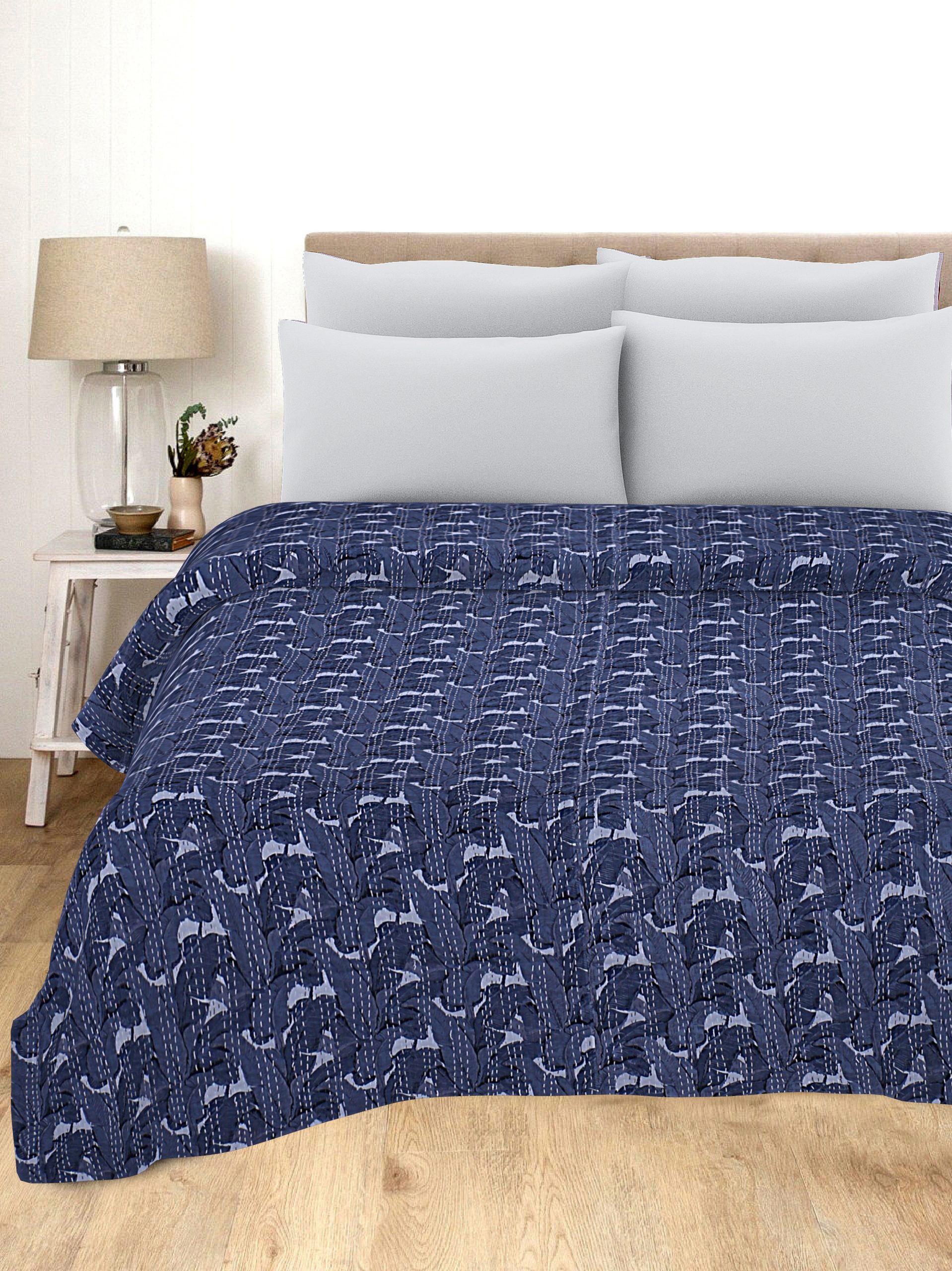 Indigo Blue Botanical Handmade Cotton Kantha Quilt – Double 90×108 inches