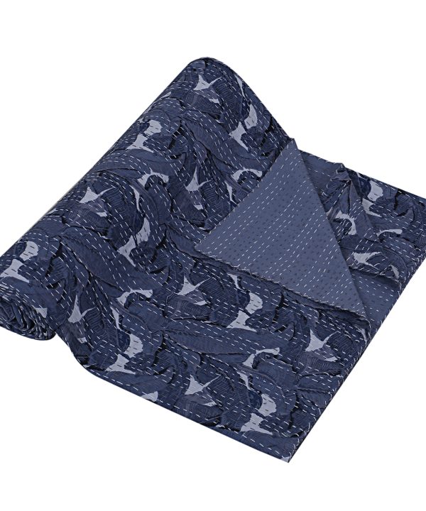 Alternative view of Indigo Blue Botanical Handmade Cotton Kantha Quilt – Double 90×108 inches