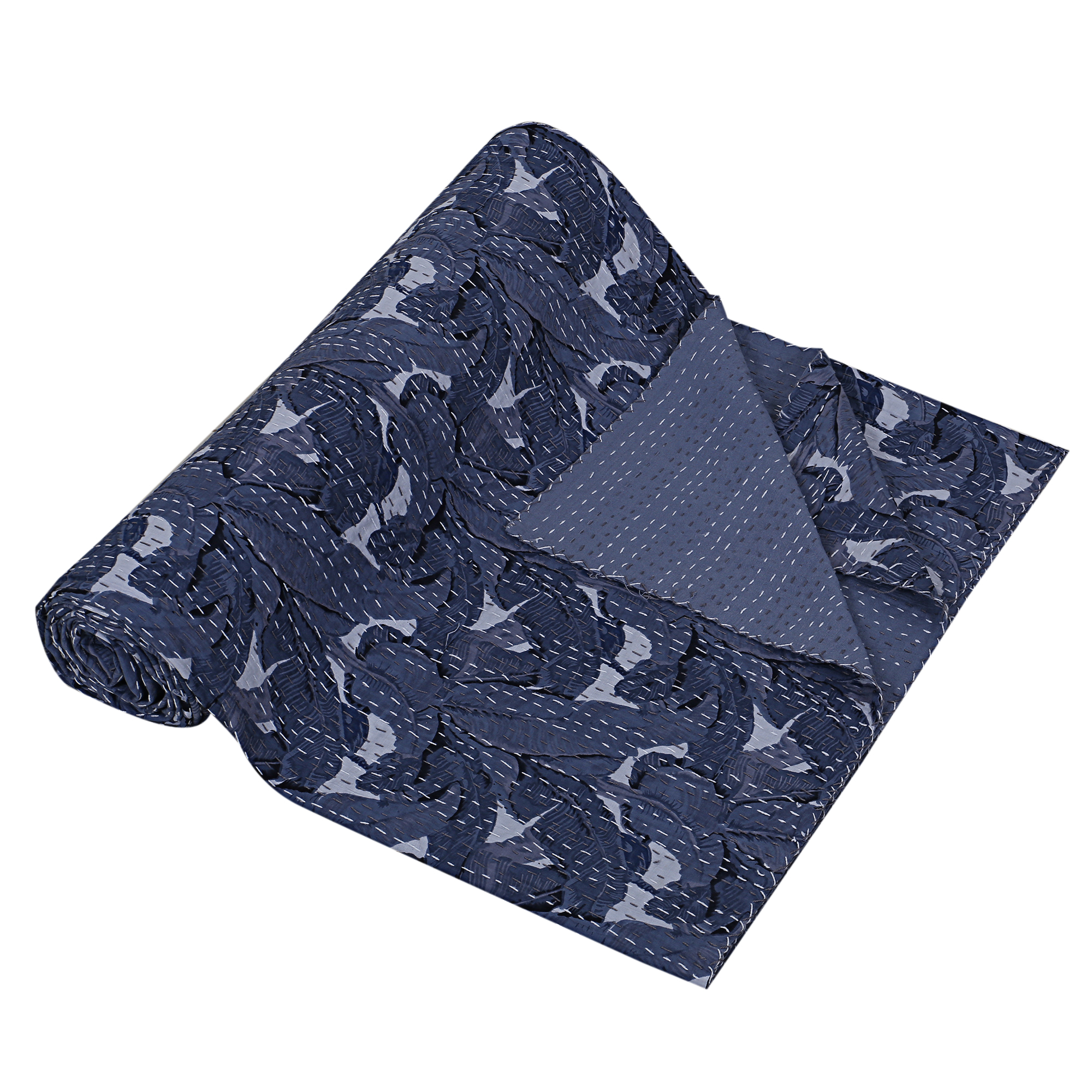 Indigo Blue Botanical Handmade Cotton Kantha Quilt – Double 90×108 inches - Image 2