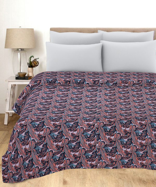 Dusty Rose and Navy Peacock Handmade Cotton Kantha Quilt – Double 90×108 inches