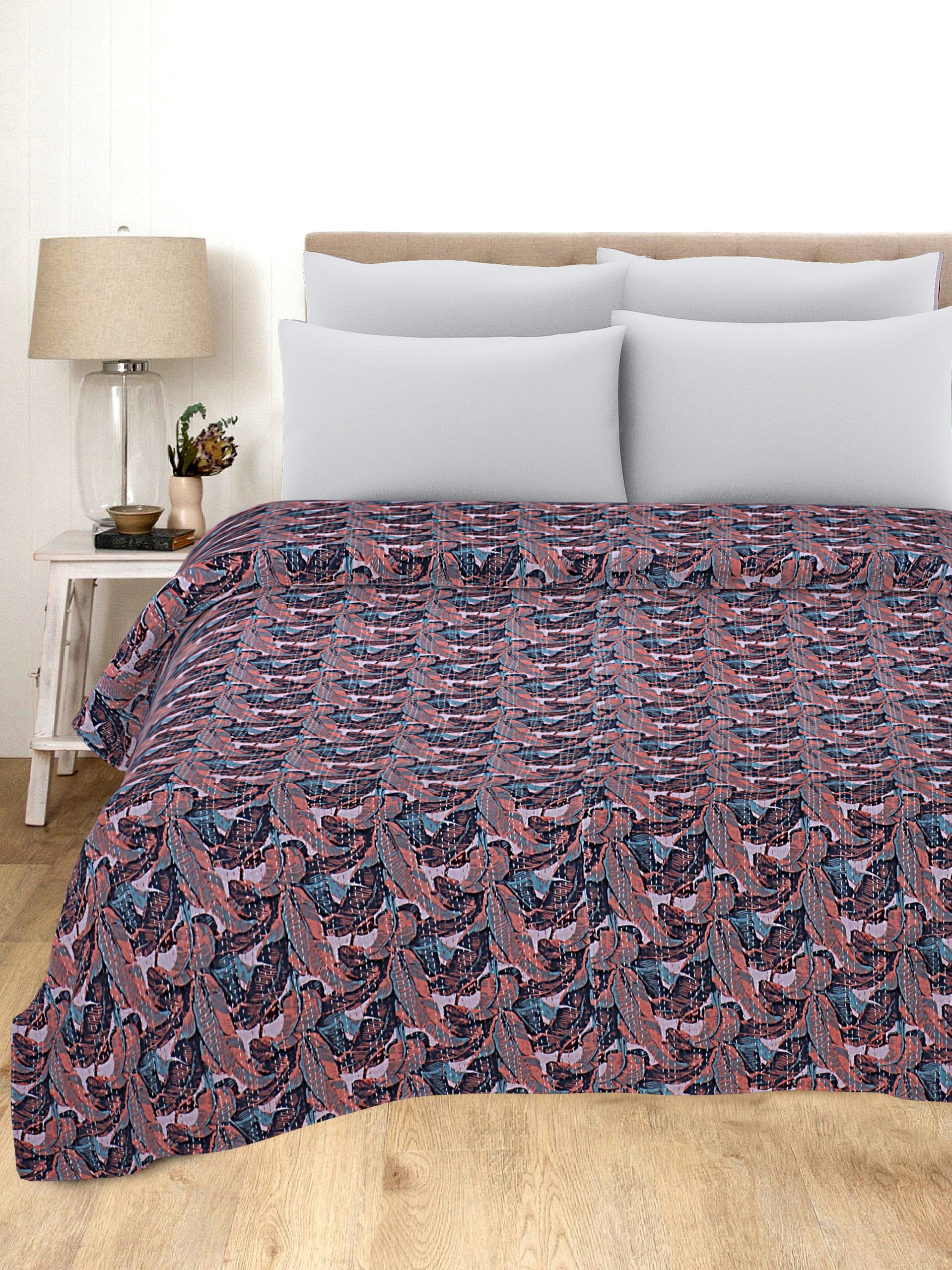 Dusty Rose and Navy Peacock Handmade Cotton Kantha Quilt – Double 90×108 inches