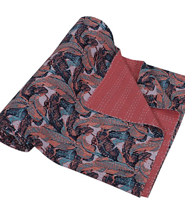 Alternative view of Dusty Rose and Navy Peacock Handmade Cotton Kantha Quilt – Double 90×108 inches