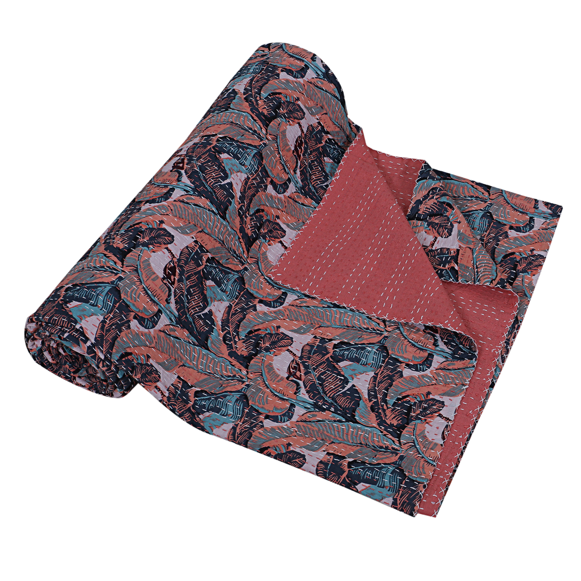 Dusty Rose and Navy Peacock Handmade Cotton Kantha Quilt – Double 90×108 inches - Image 2