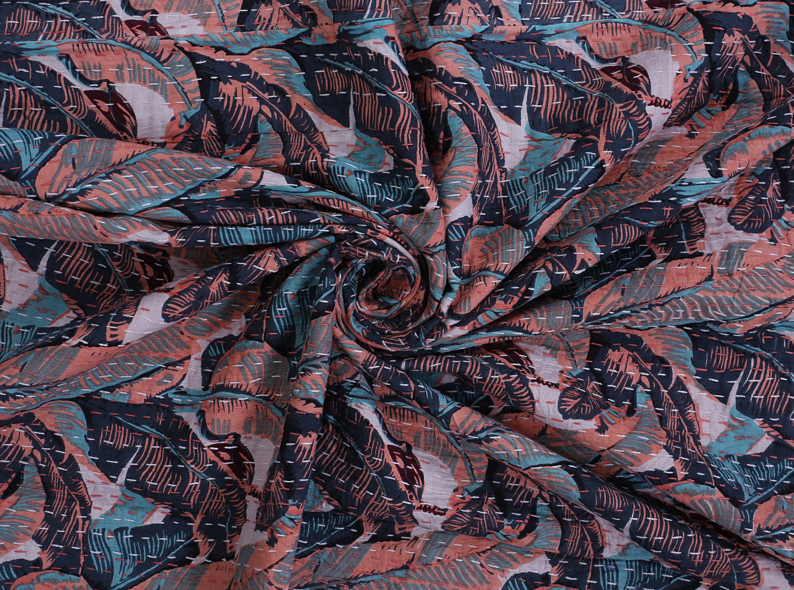 Dusty Rose and Navy Peacock Handmade Cotton Kantha Quilt – Double 90×108 inches - Image 4