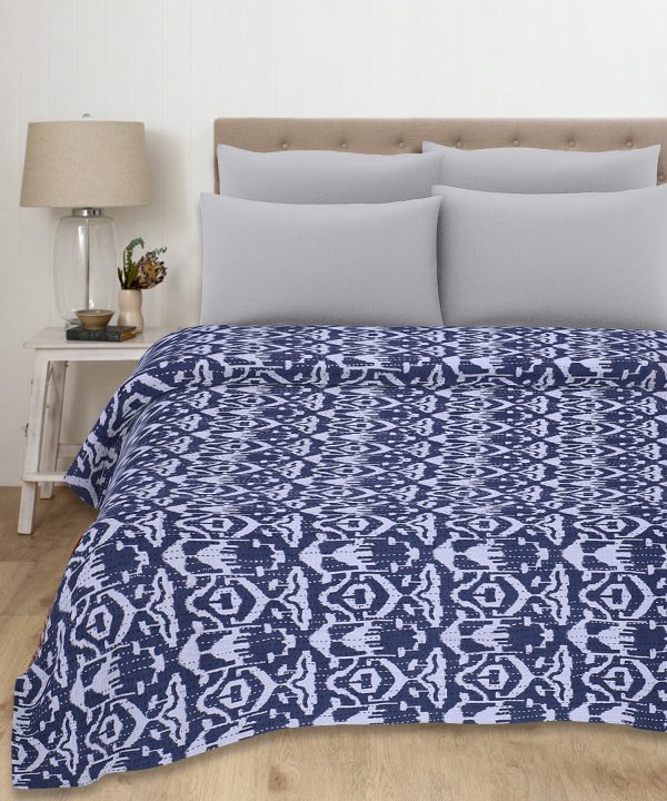 Indigo Blue and White Geometric Handmade Cotton Kantha Quilt – Single 60×90 inches