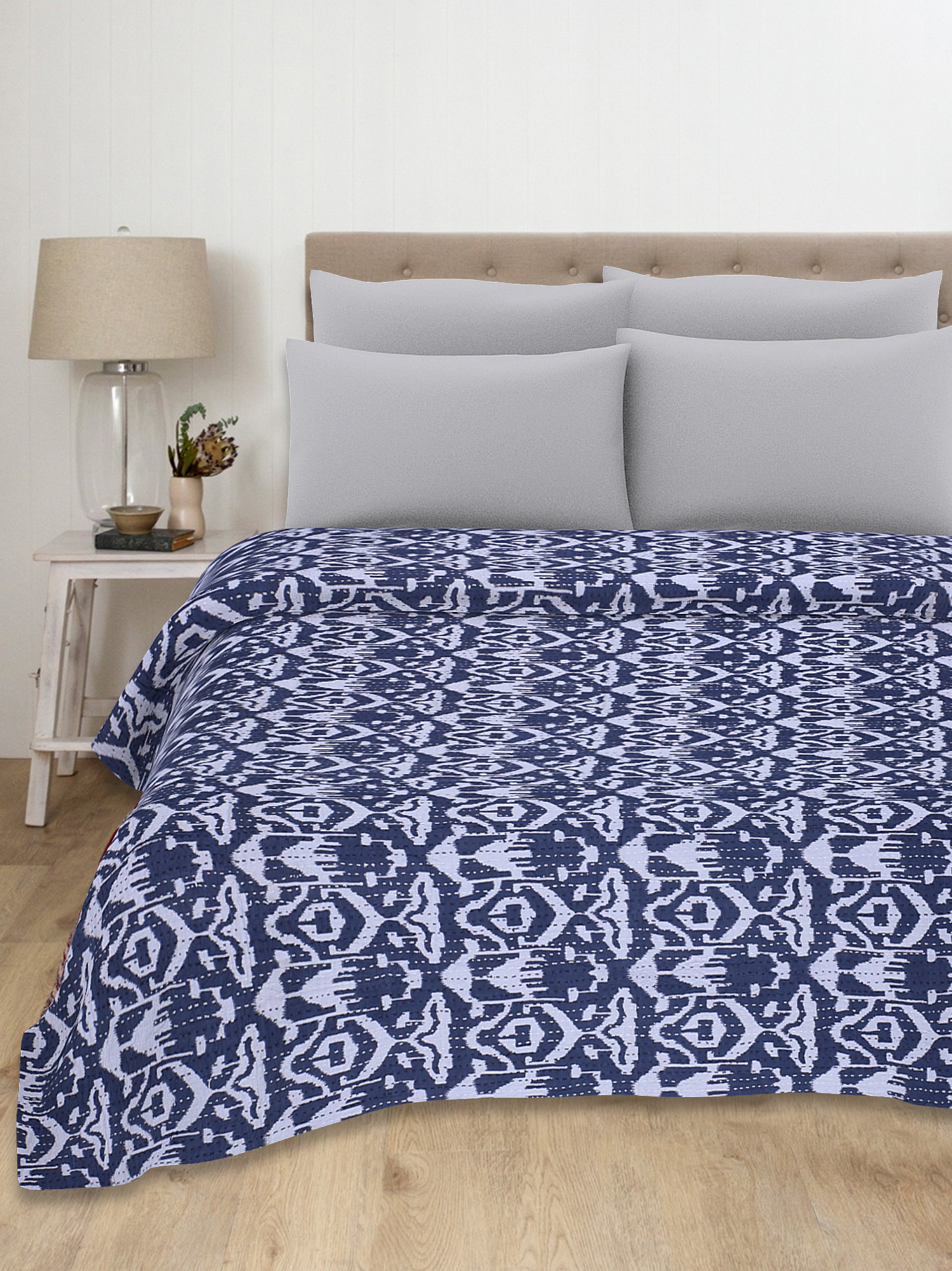 Indigo Blue and White Geometric Handmade Cotton Kantha Quilt – Single 60×90 inches